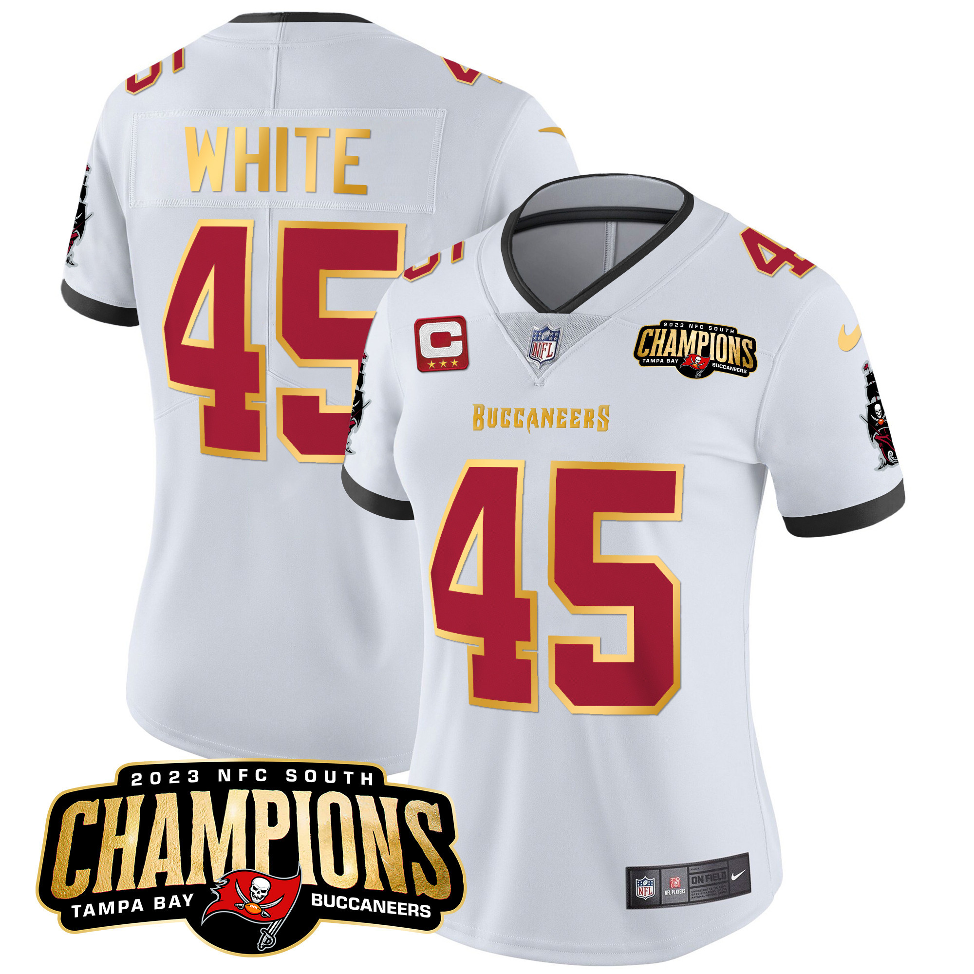 Devin White Women's Tampa Bay Buccaneers 2023 NFC South Champions Patch Gold Trim Vapor White Jersey - All Stitched 