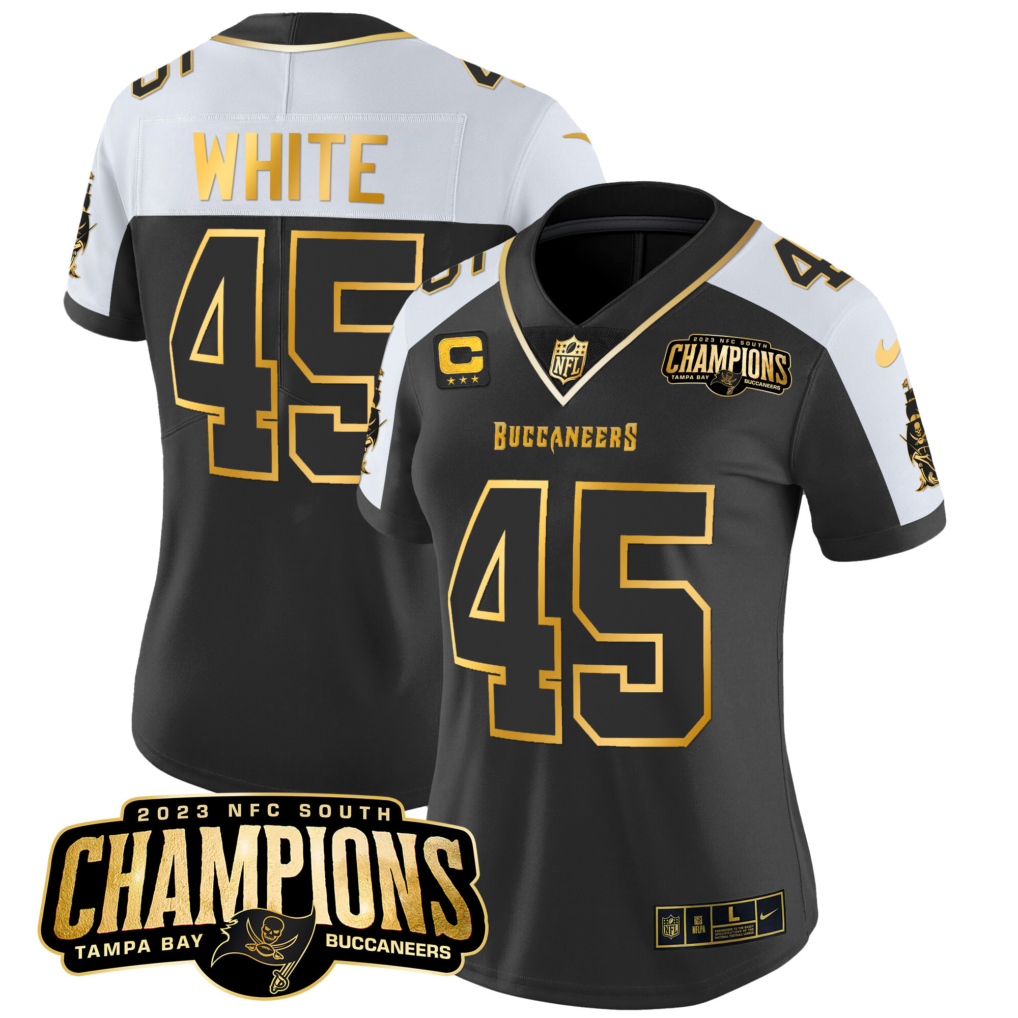 Devin White Women's Tampa Bay Buccaneers 2023 NFC South Champions Patch Gold Vapor Alternate Jersey - All Stitched 