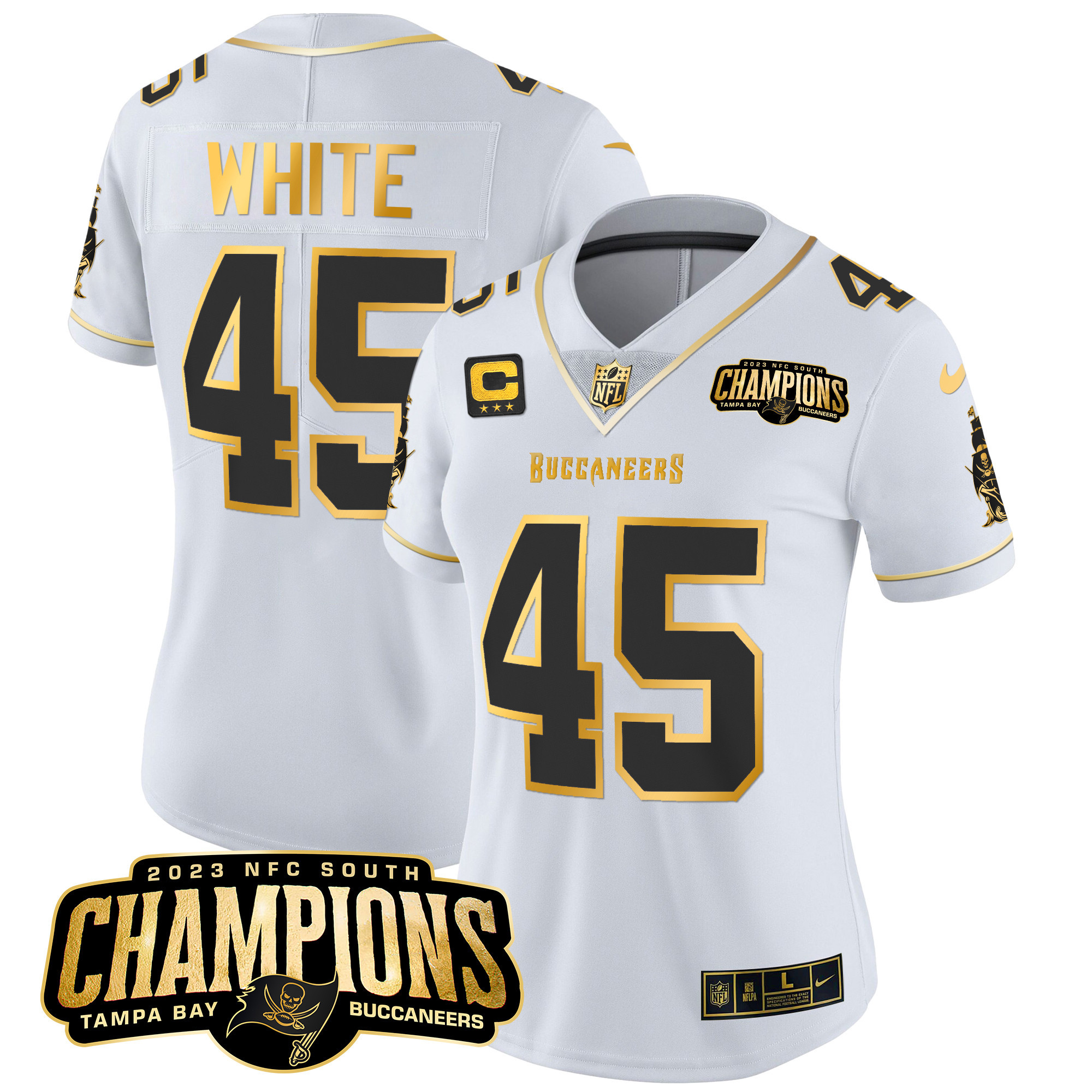 Devin White Women's Tampa Bay Buccaneers 2023 NFC South Champions Patch Gold Vapor White Gold Jersey - All Stitched 