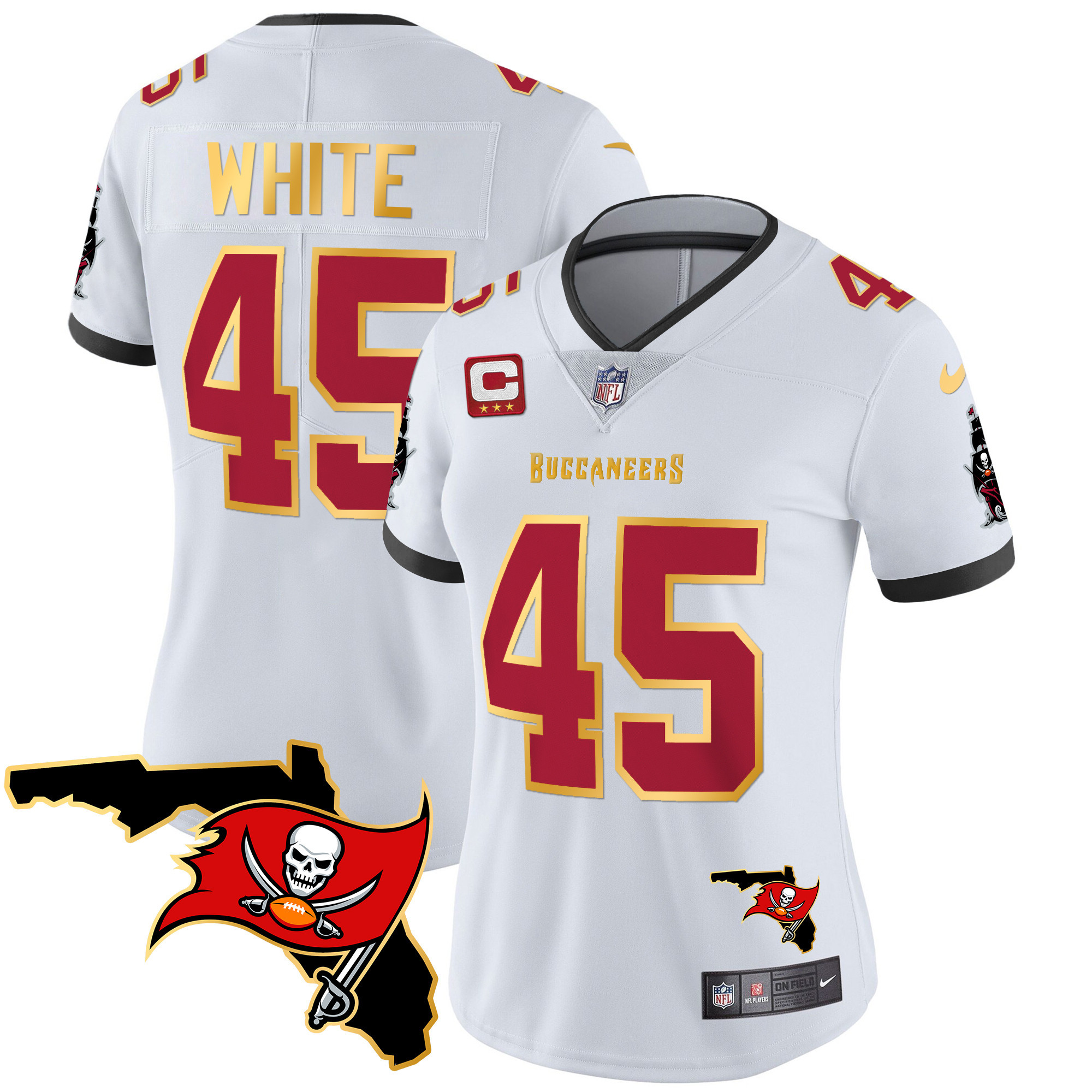 Devin White Women's Tampa Bay Buccaneers Florida Patch Gold Trim Vapor White Jersey - All Stitched 