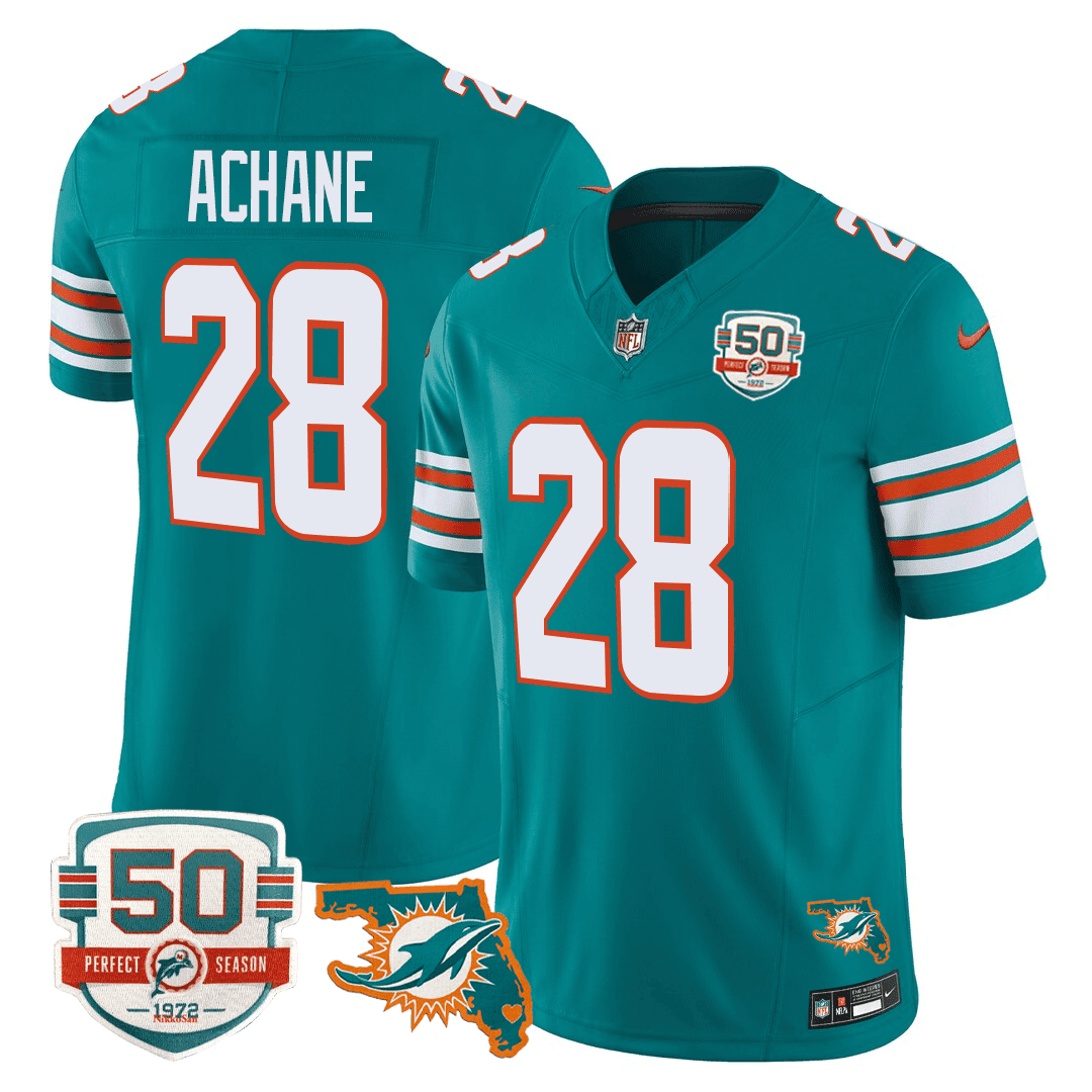 De'Von Achane Men's Miami DolphinsThrowback 50th Perfect Season & Florida Patch Vapor Aqua Jersey - All Stitched 