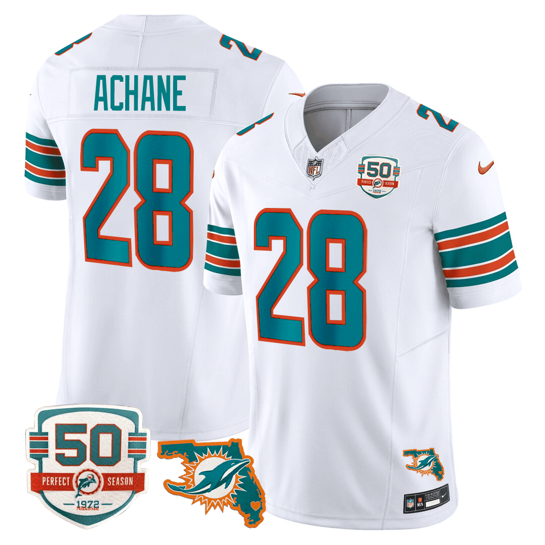 De'Von Achane Men's Miami DolphinsThrowback 50th Perfect Season & Florida Patch Vapor White Jersey - All Stitched 