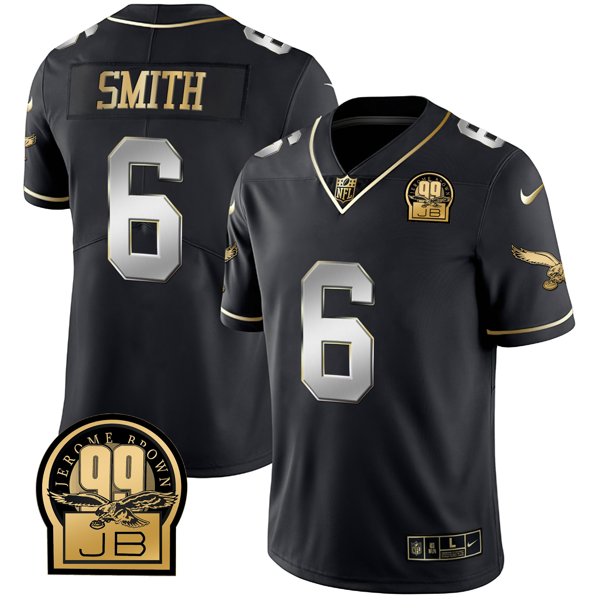 DeVonta Smith Men's Philadelphia Eagles Jerome Brown Retired Patch Gold & Kelly Black Limited Jersey - All Stitched