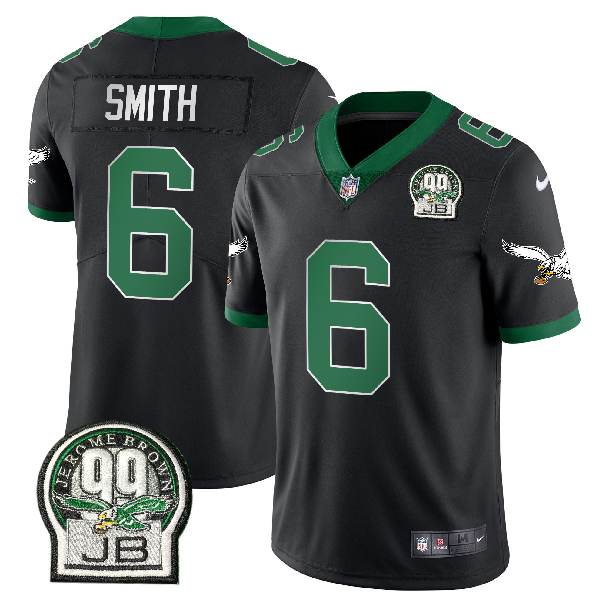DeVonta Smith Men's Philadelphia Eagles Jerome Brown Retired Patch Gold & Kelly Kelly Black Jersey - All Stitched