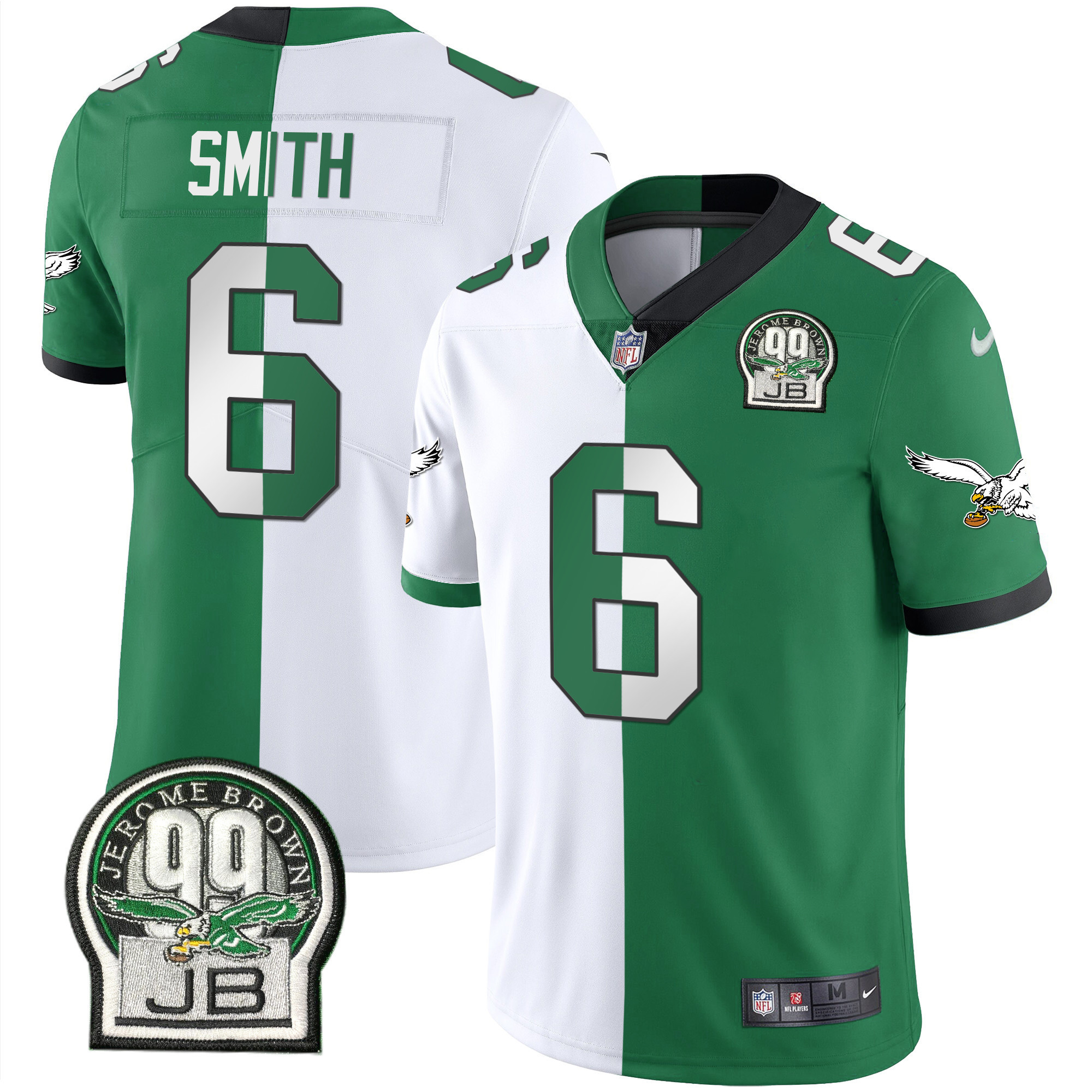 DeVonta Smith Men's Philadelphia Eagles Jerome Brown Retired Patch Gold & Kelly Split Jersey - All Stitched