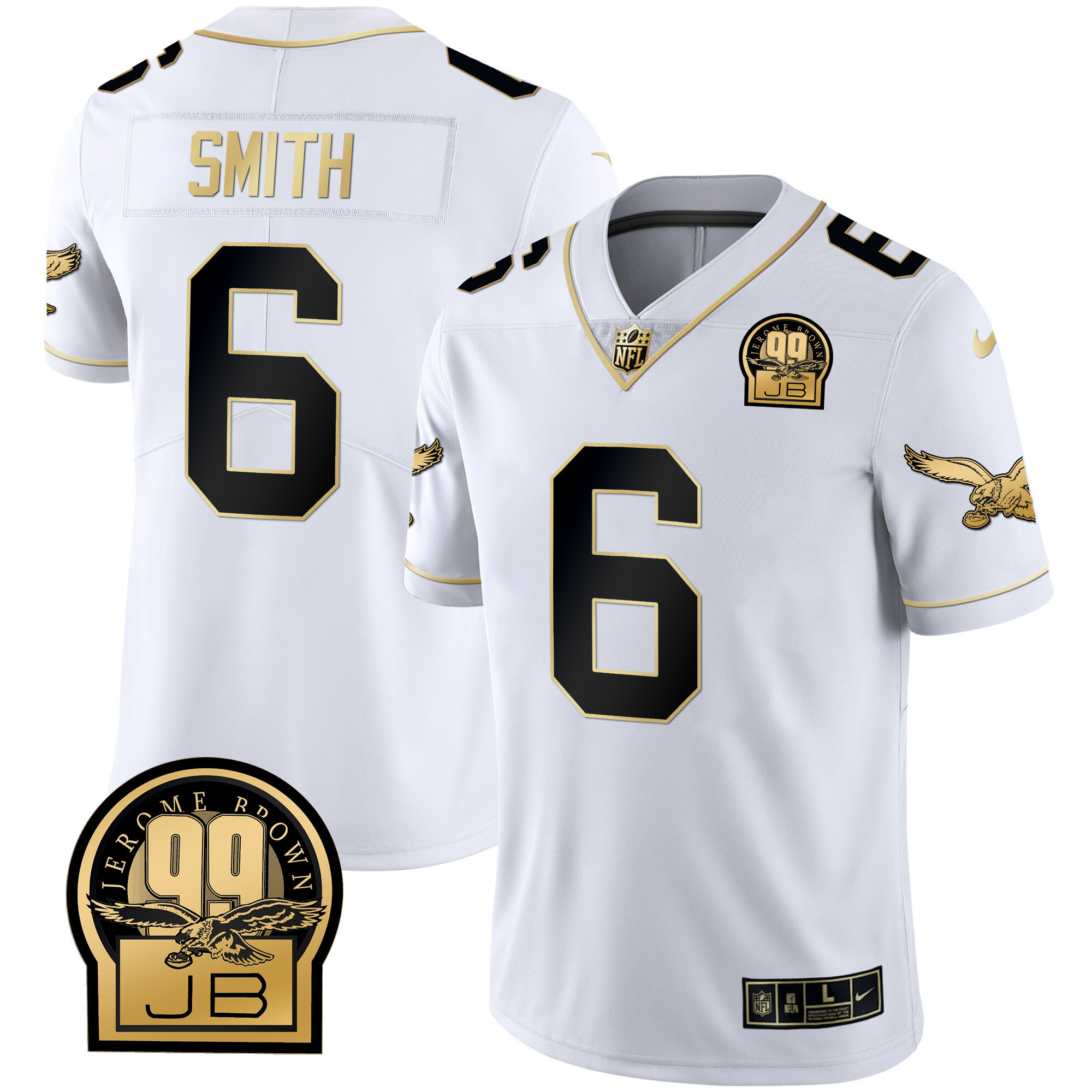 DeVonta Smith Men's Philadelphia Eagles Jerome Brown Retired Patch Gold & Kelly White Gold Jersey - All Stitched