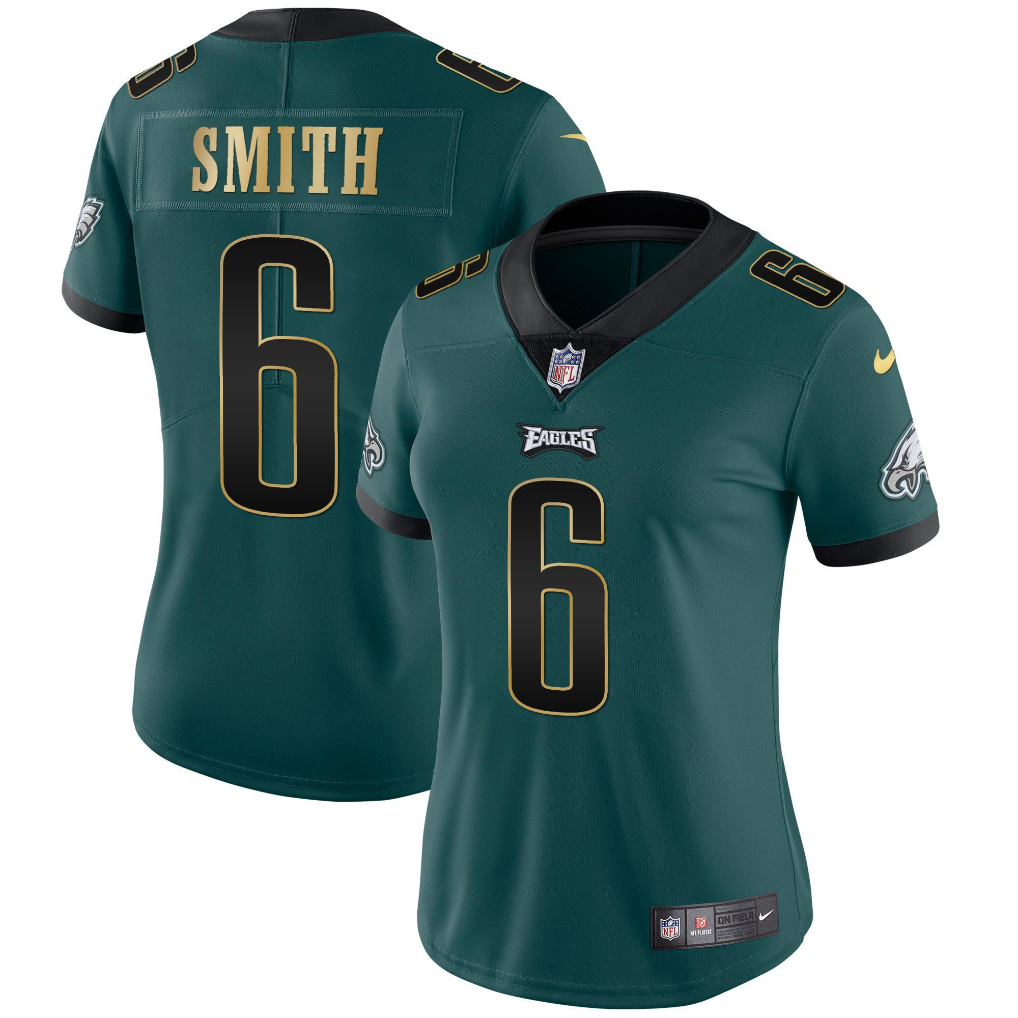 DeVonta Smith Women's Philadelphia Eagles Gold Trim Vapor Player Green Gold Trim Jersey - All Stitched