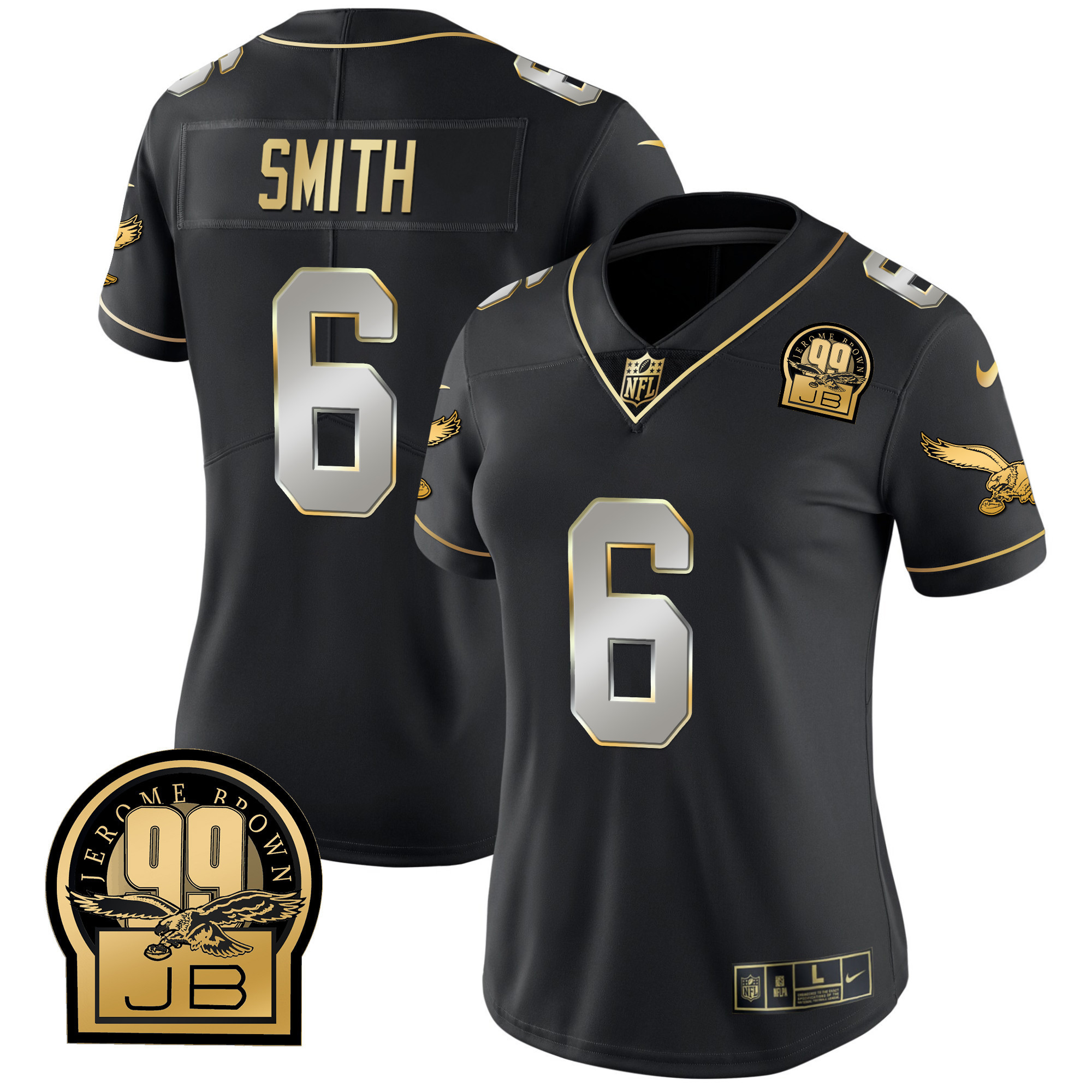 DeVonta Smith Women's Philadelphia Eagles Jerome Brown Retired Patch Gold & Kelly Black Limited Jersey - All Stitched