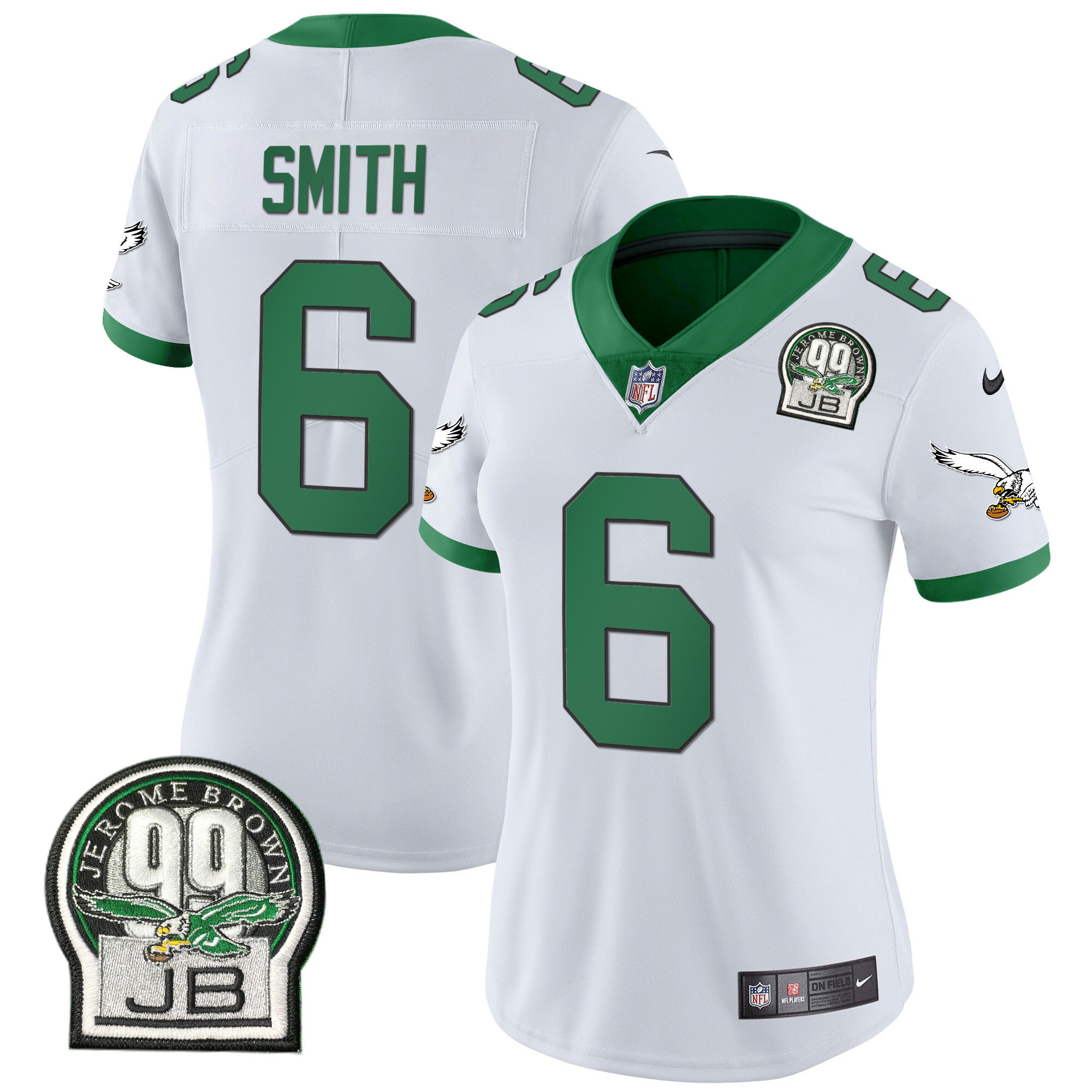 DeVonta Smith Women's Philadelphia Eagles Jerome Brown Retired Patch Gold & Kelly Kelly White Jersey - All Stitched