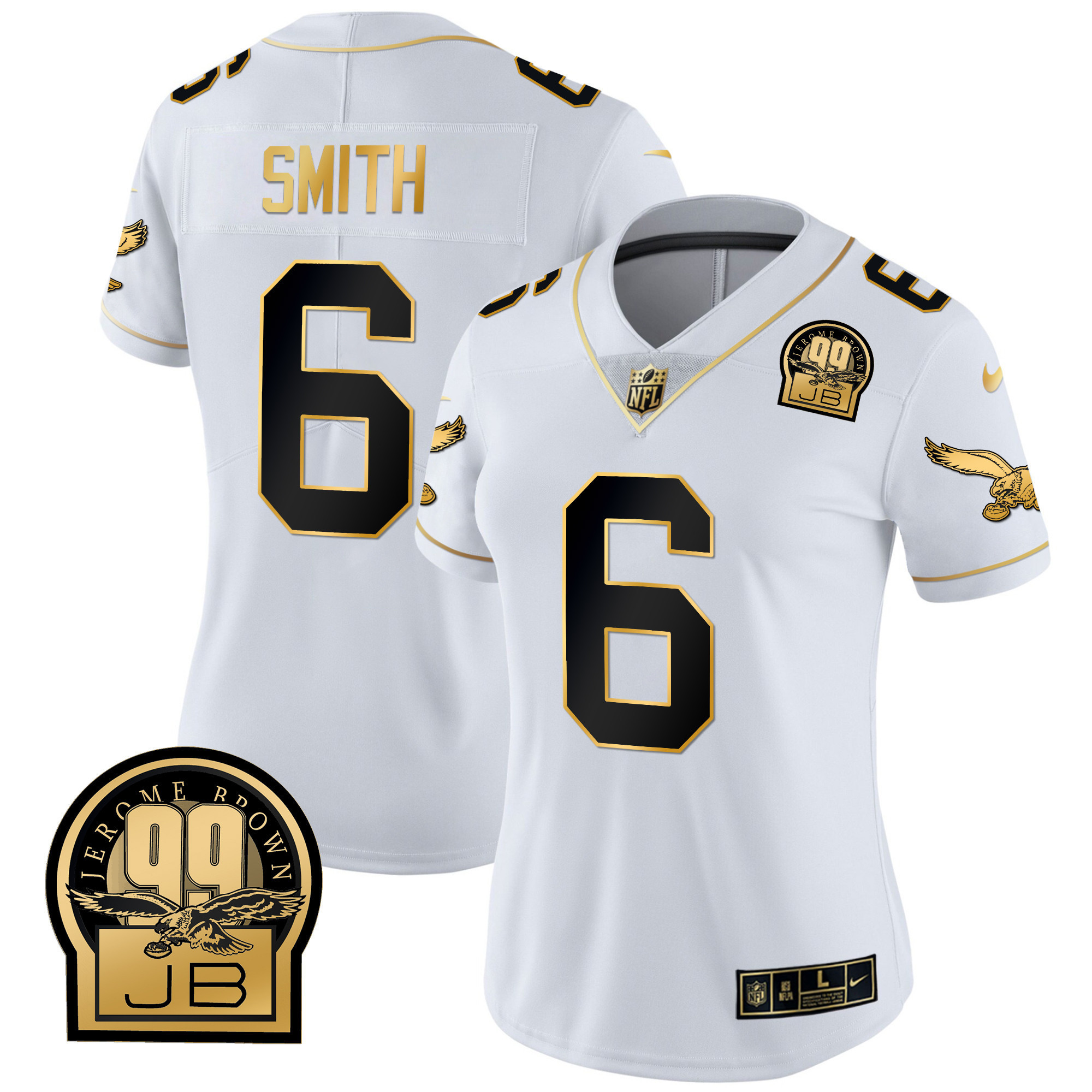 DeVonta Smith Women's Philadelphia Eagles Jerome Brown Retired Patch Gold & Kelly White Gold Jersey - All Stitched