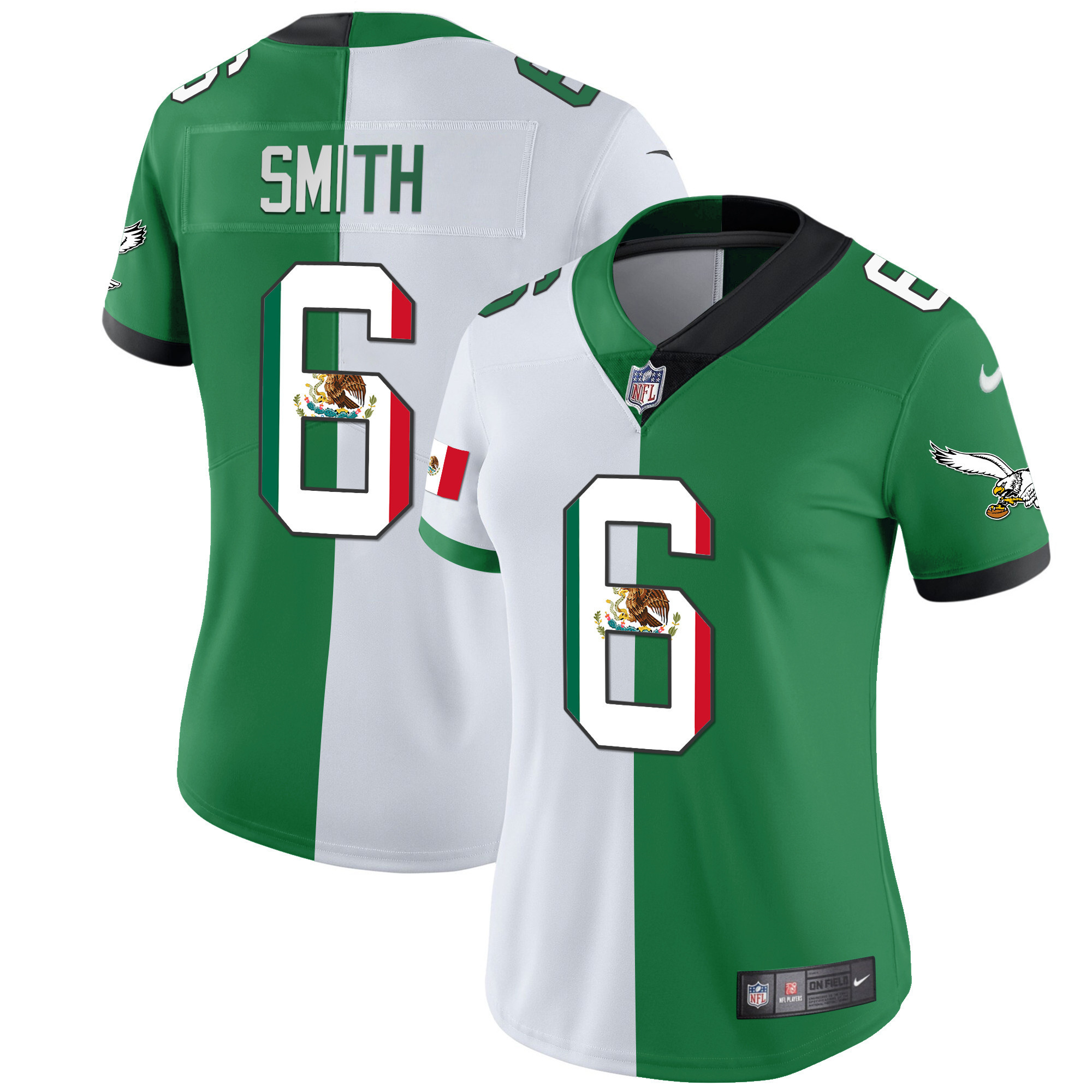 DeVonta Smith Women's Philadelphia Eagles Mexico Gold & Kelly Vapor Split Jersey - All Stitched