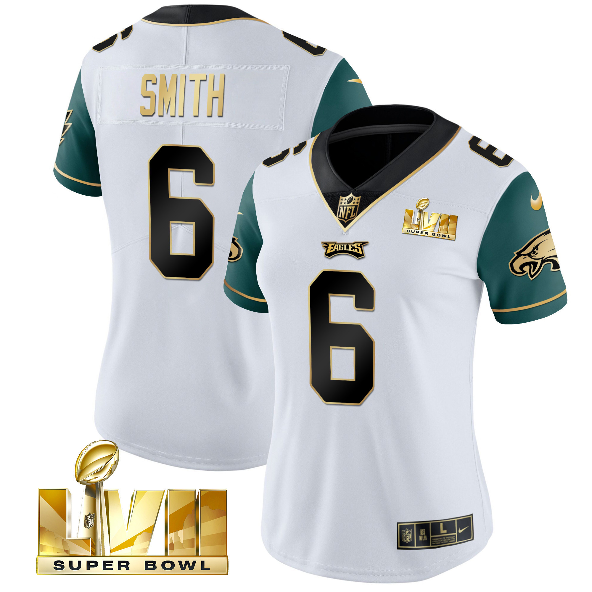 DeVonta Smith Women's Philadelphia Eagles Super Bowl LVII Gold Vapor Midnight Green Sleeves Jersey - All Stitched