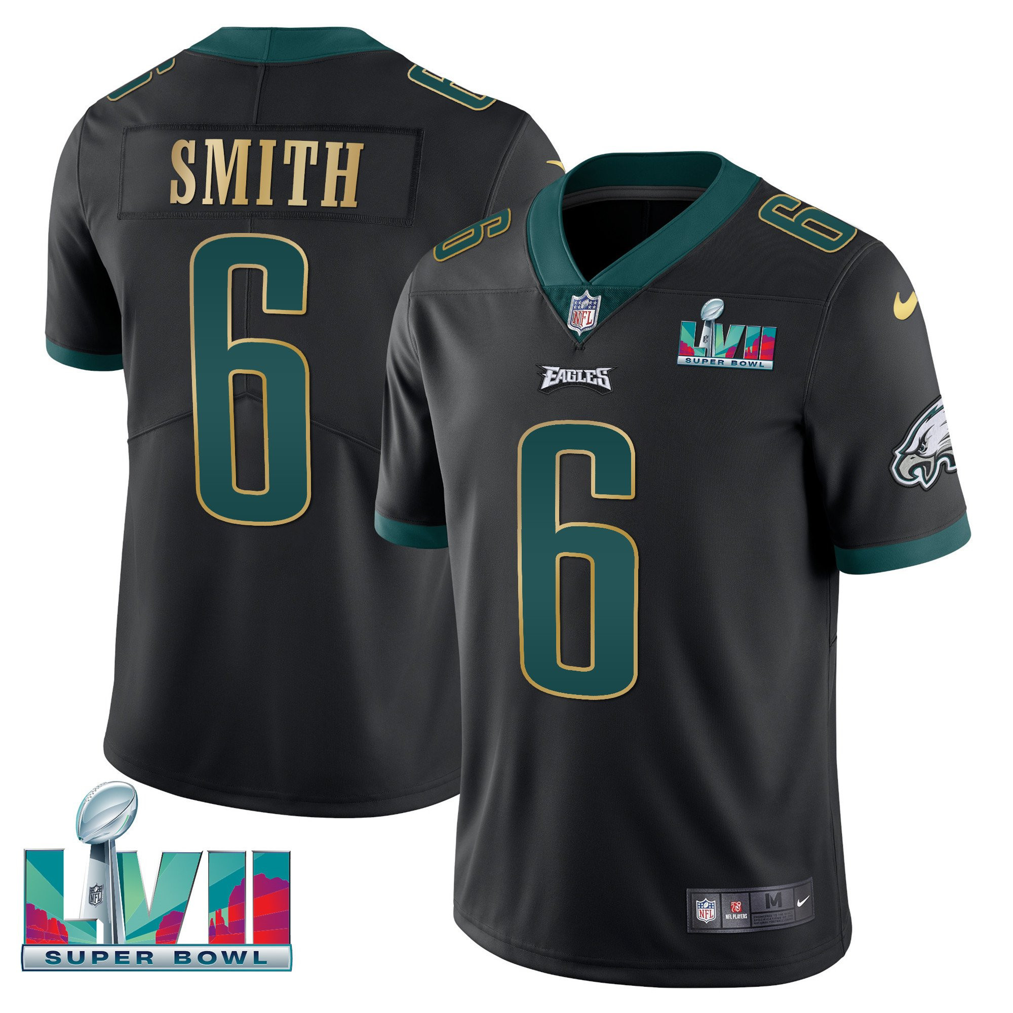 DeVonta Smith Youth's Philadelphia Eagles Super Bowl Patch Vapor Black Gold Trim Jersey - All Stitched