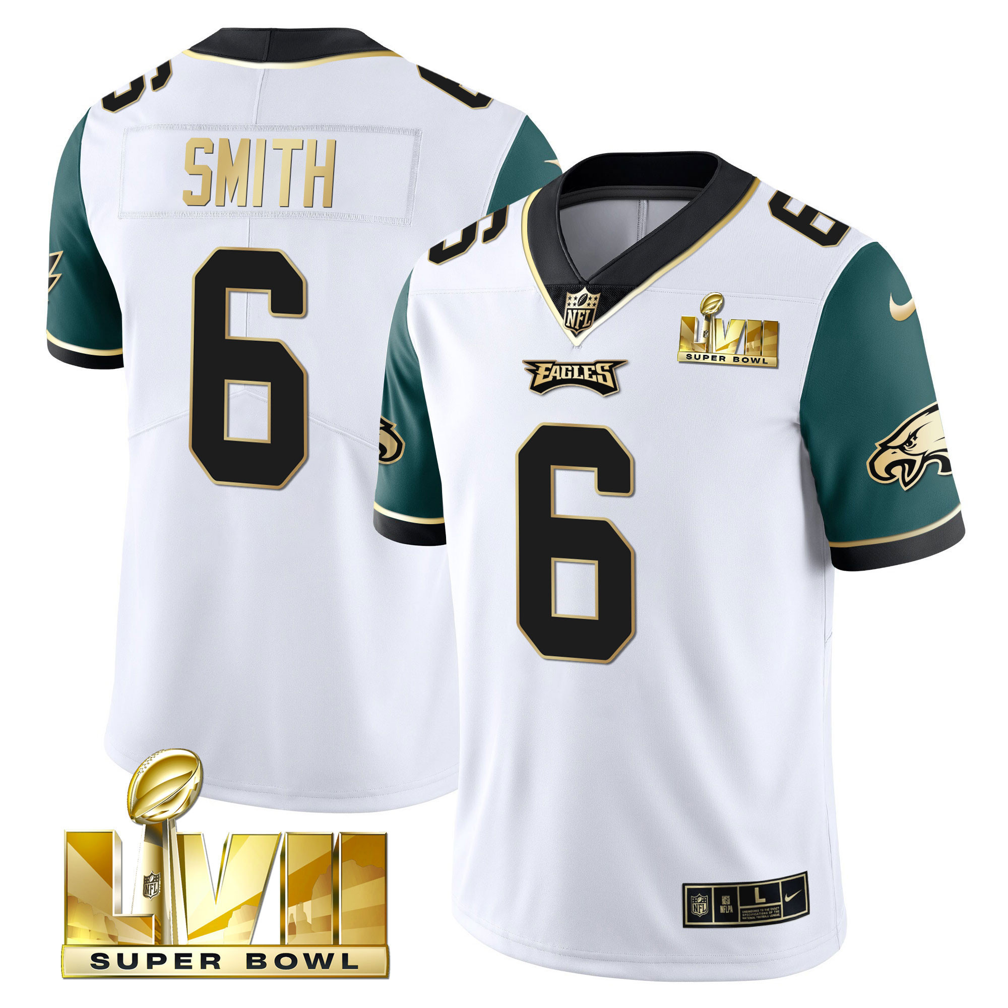 DeVonta Smith Youth's Philadelphia Eagles Super Bowl Vapor Gold Midnight Green Sleeves Jersey - All Stitched