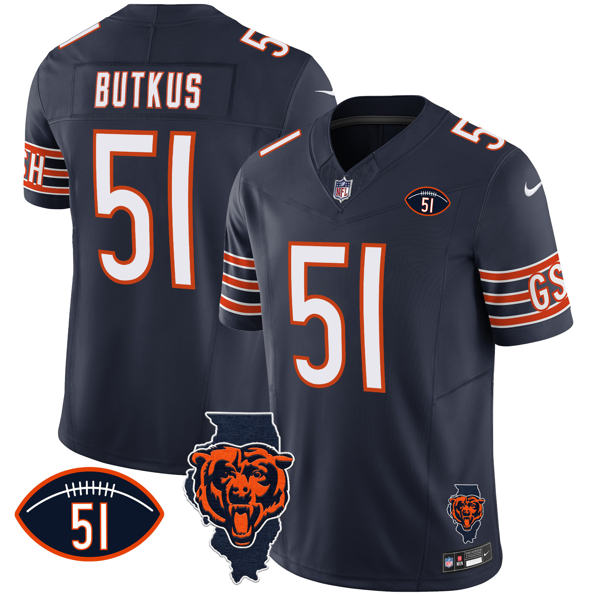 Dick Butkus Men's Chicago Bears Illinois Patch Vapor Navy Jersey - All Stitched 
