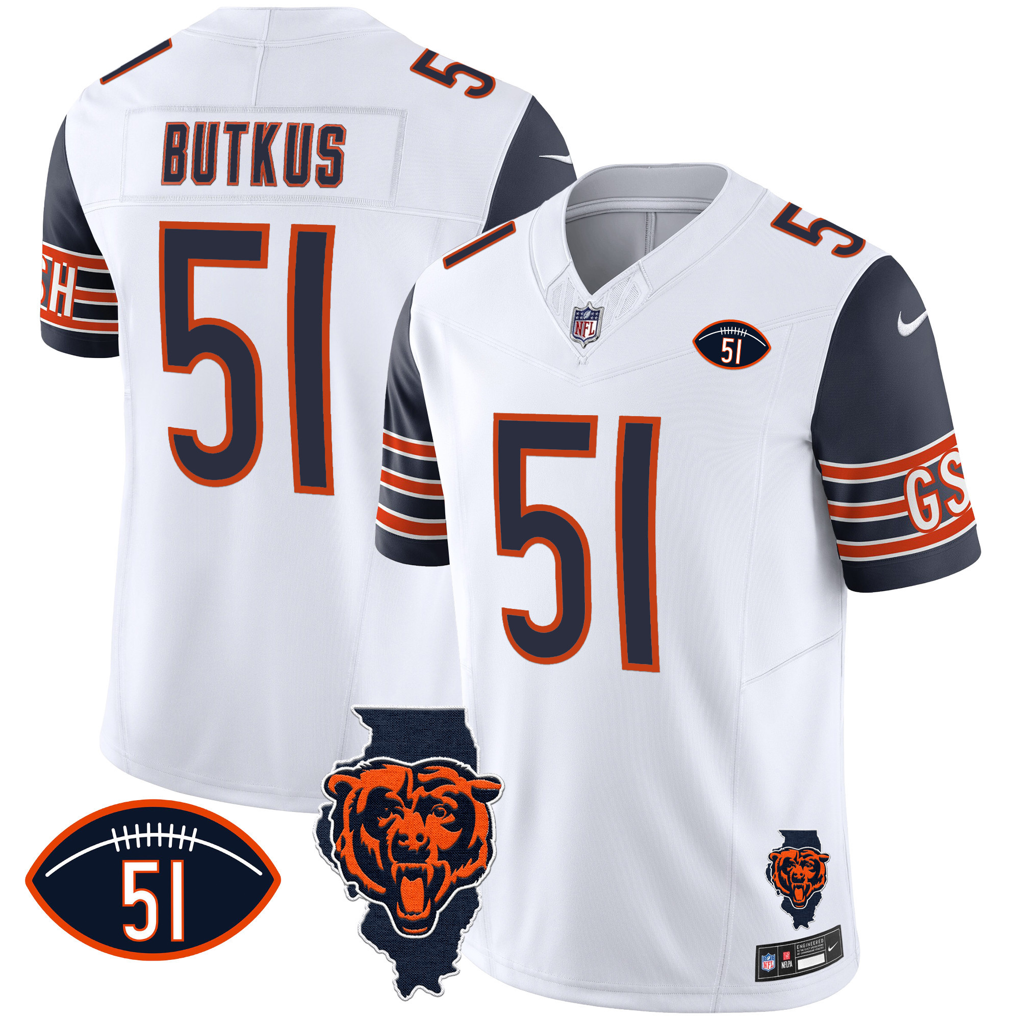 Dick Butkus Men's Chicago Bears Illinois Patch Vapor Navy Sleeves Jersey - All Stitched 