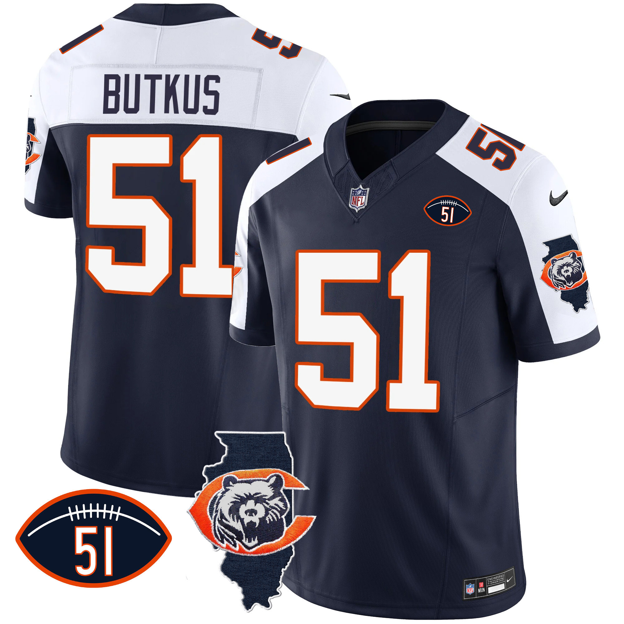 Dick Butkus Men's Chicago Bears Throwback Illinois Patch Vapor Navy Alternate Jersey - All Stitched 