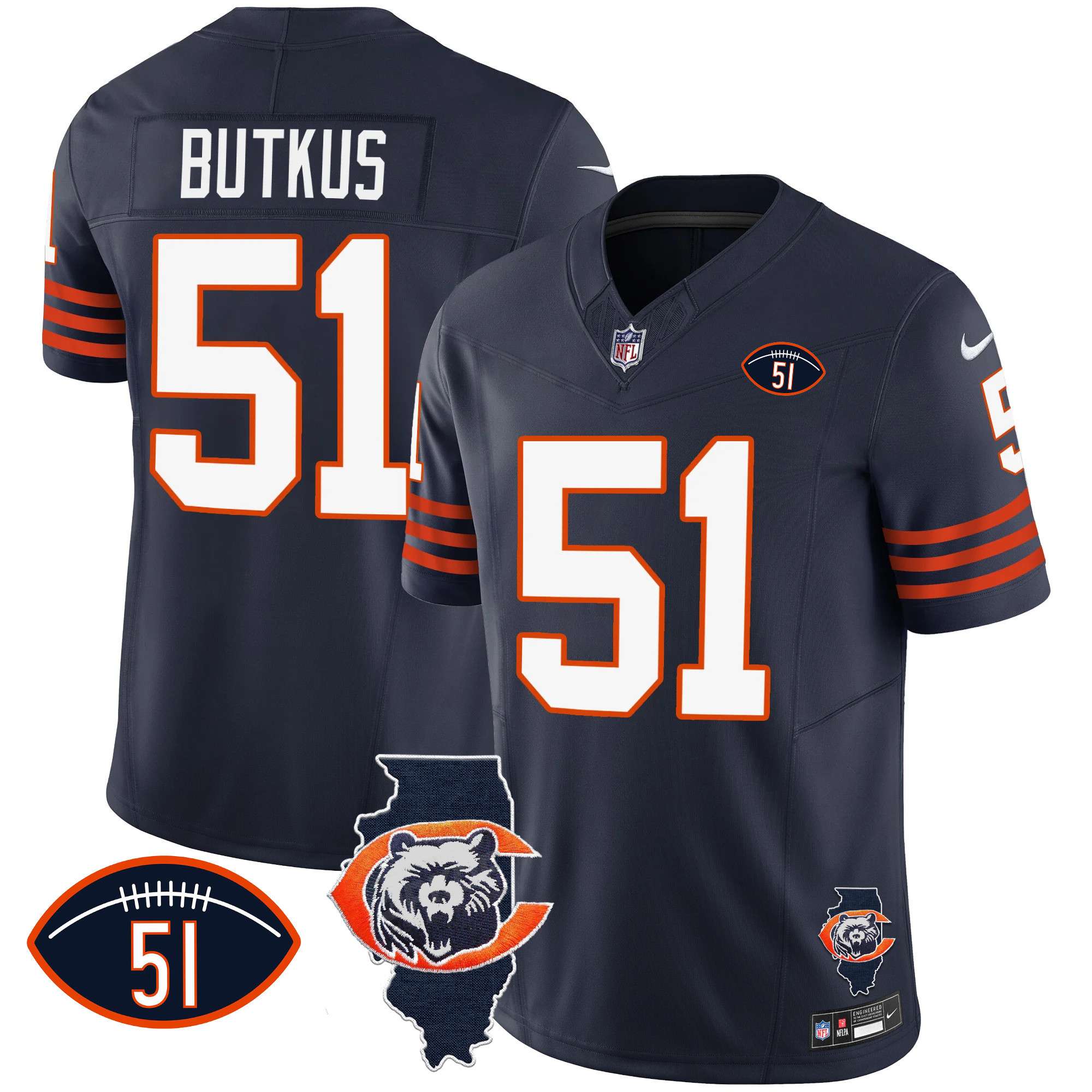 Dick Butkus Men's Chicago Bears Throwback Illinois Patch Vapor Navy Jersey - All Stitched 