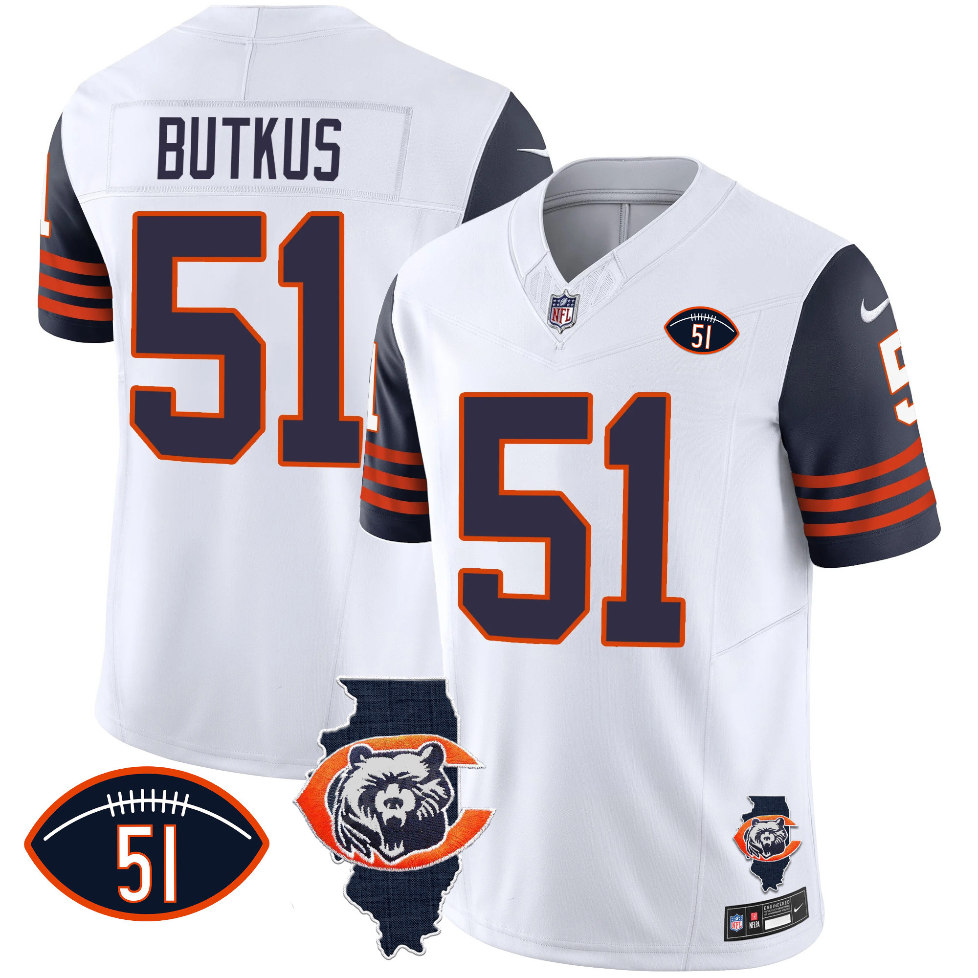 Dick Butkus Men's Chicago Bears Throwback Illinois Patch Vapor Navy Sleeves Jersey - All Stitched 