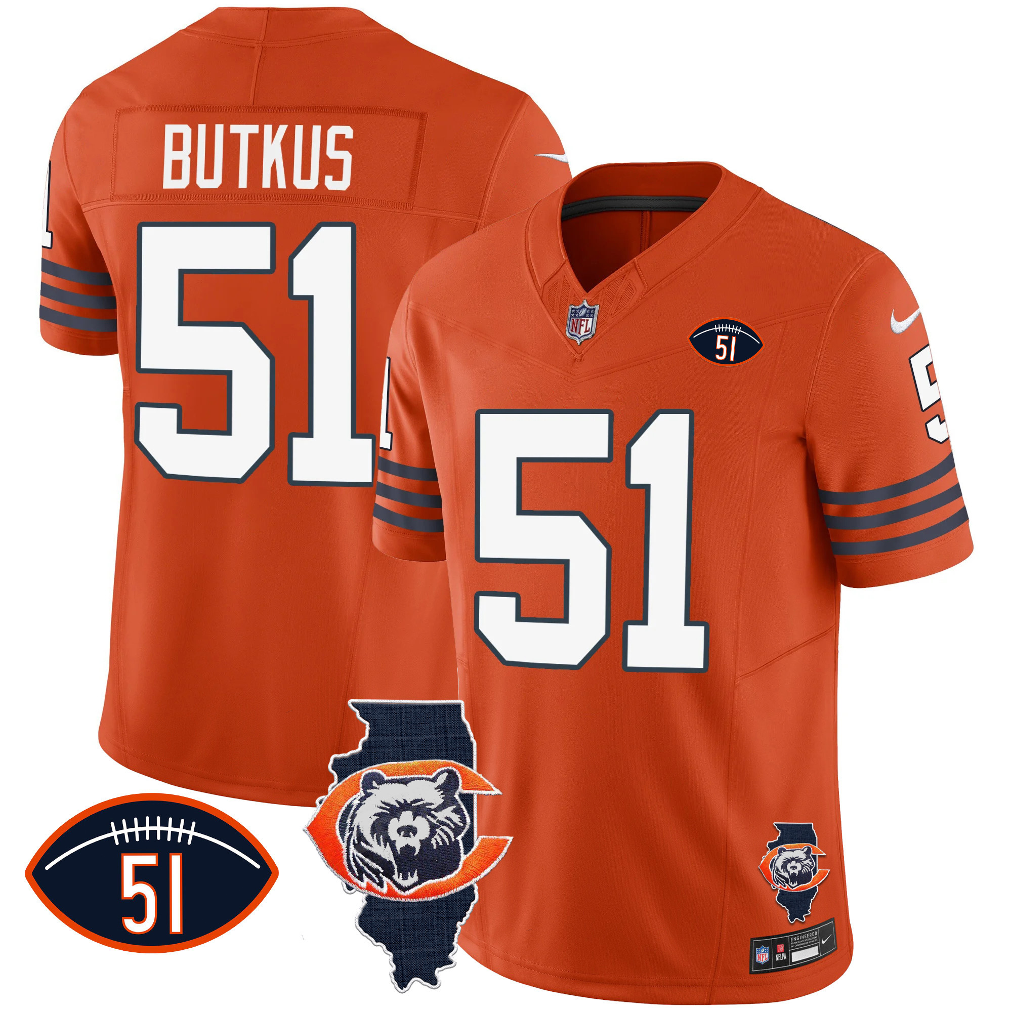 Dick Butkus Men's Chicago Bears Throwback Illinois Patch Vapor Orange Jersey - All Stitched 