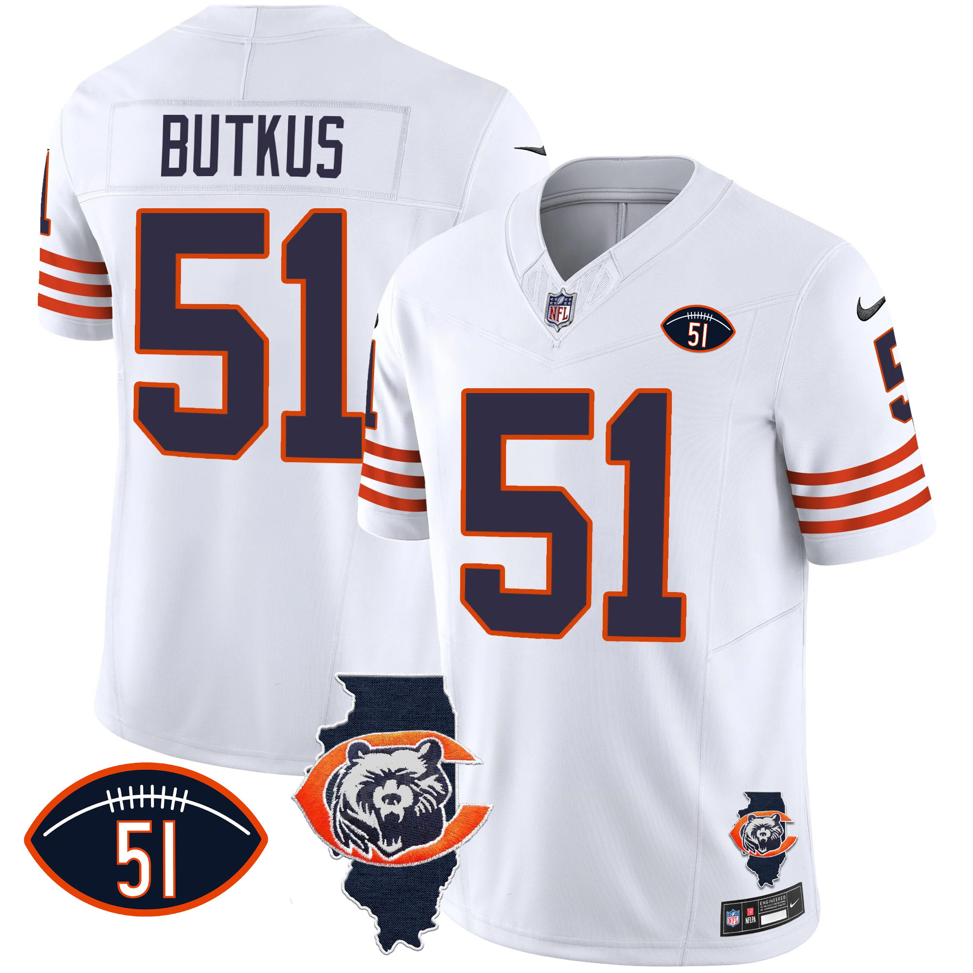 Dick Butkus Men's Chicago Bears Throwback Illinois Patch Vapor White Jersey - All Stitched 
