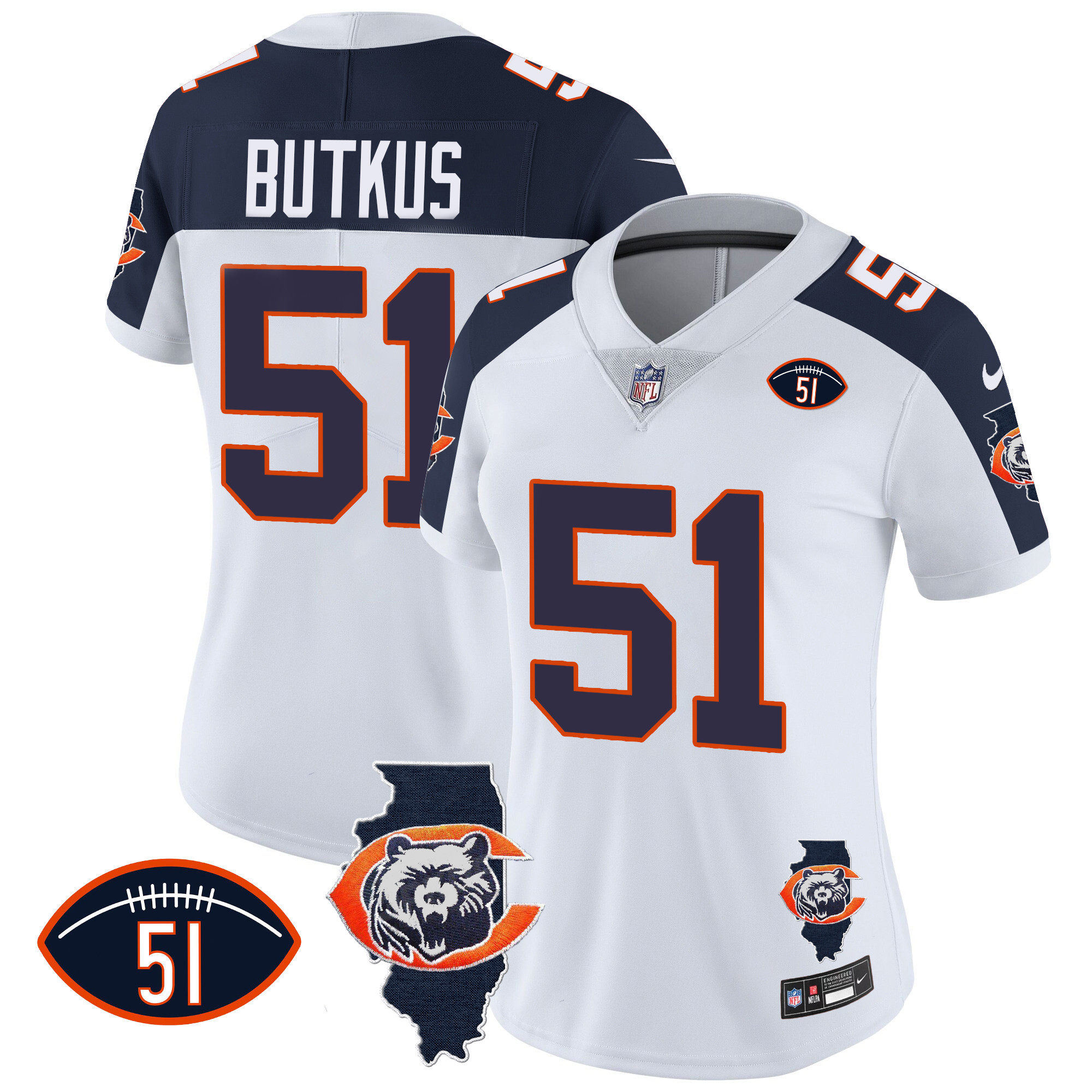 Dick Butkus Women's Chicago Bears Throwback Illinois Patch Vapor Inverted Jersey - All Stitched 
