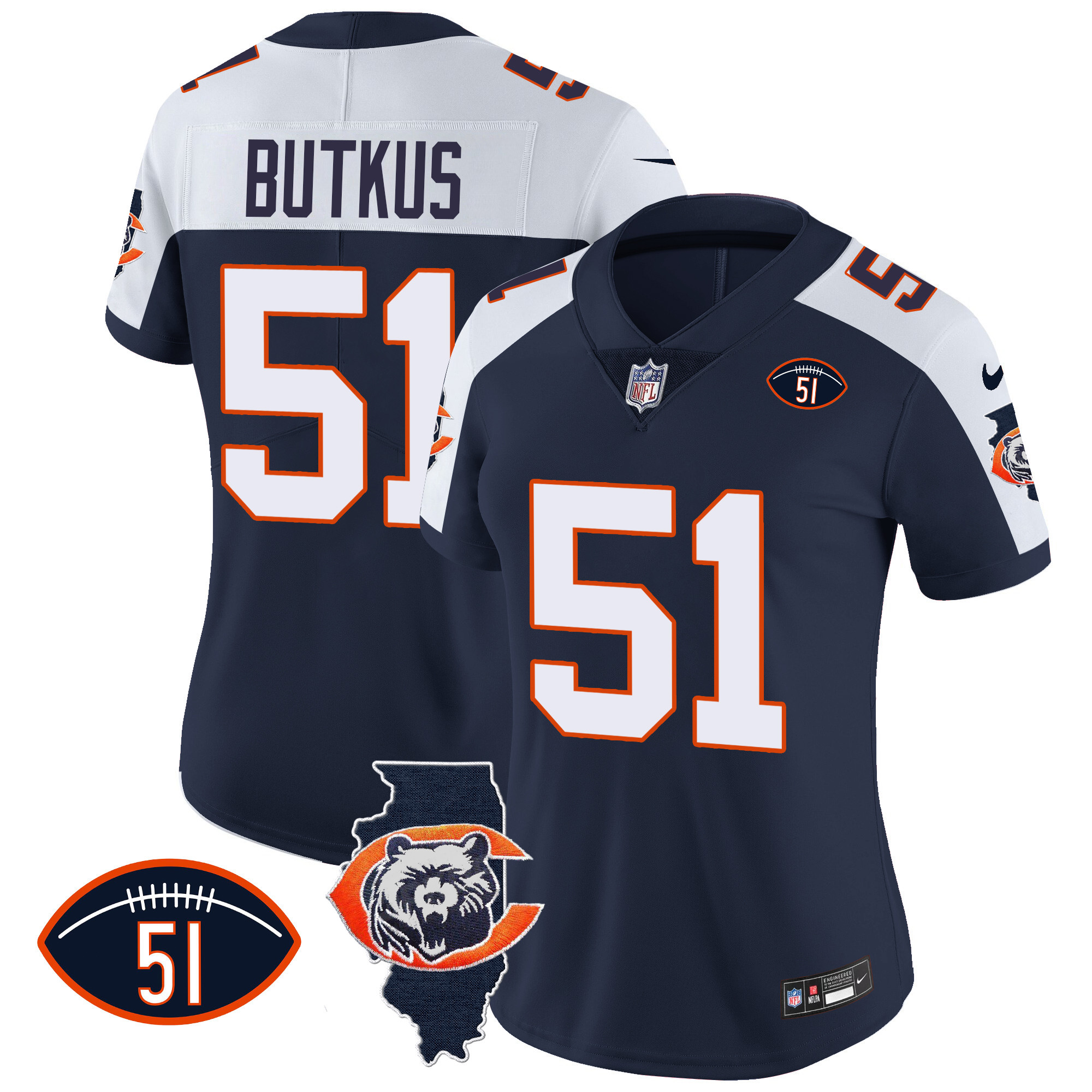 Dick Butkus Women's Chicago Bears Throwback Illinois Patch Vapor Navy Alternate Jersey - All Stitched 