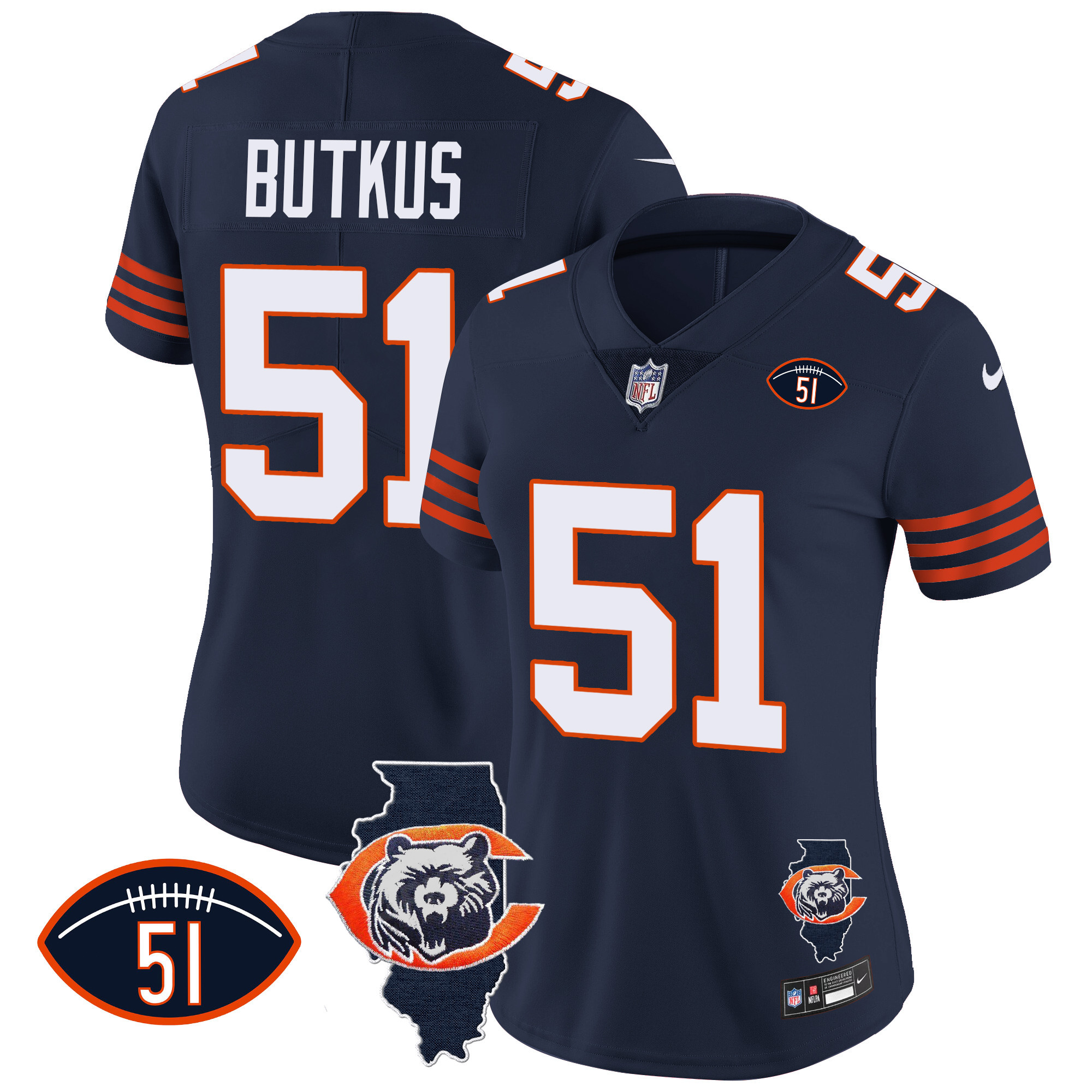 Dick Butkus Women's Chicago Bears Throwback Illinois Patch Vapor Navy Jersey - All Stitched 