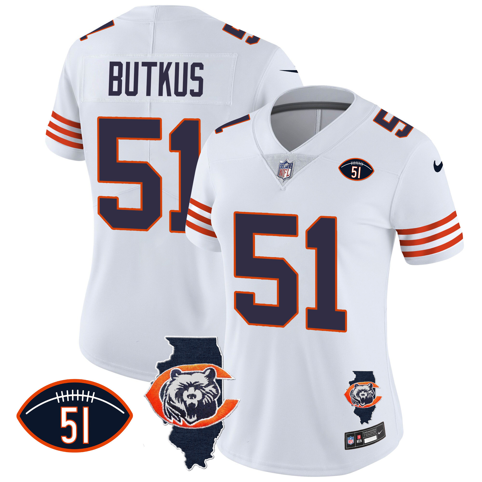 Dick Butkus Women's Chicago Bears Throwback Illinois Patch Vapor White Jersey - All Stitched 