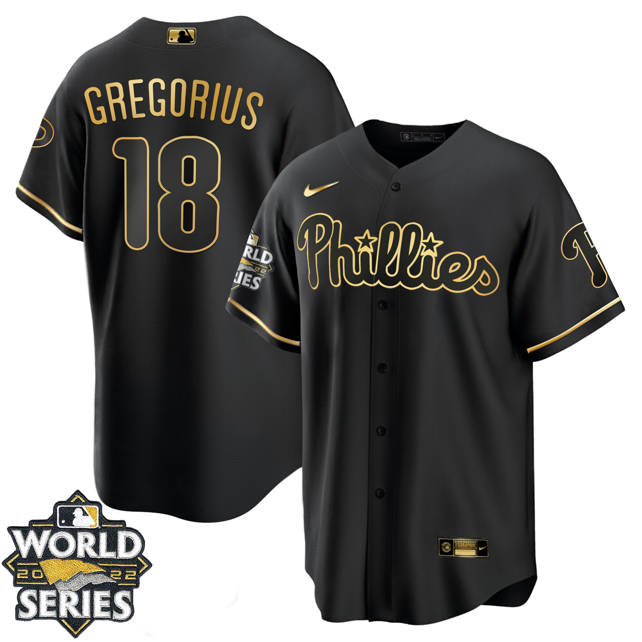 Didi Gregorius Men's Philadelphia Phillies Gold 2022 World Series Cool Black Jersey - All Stitched