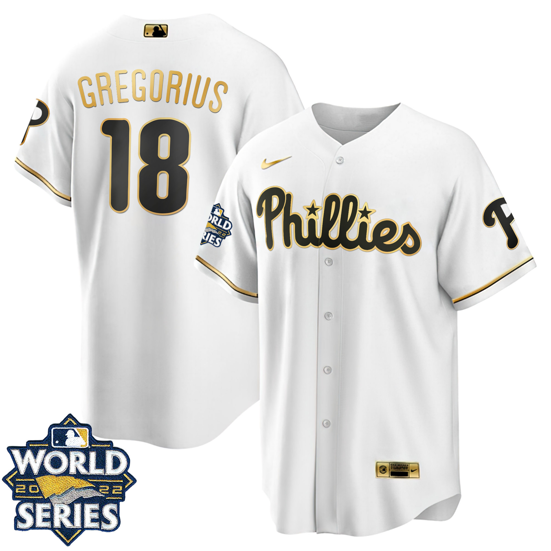 Didi Gregorius Youth's Philadelphia Phillies Gold 2022 World Series Cool White Jersey - All Stitched