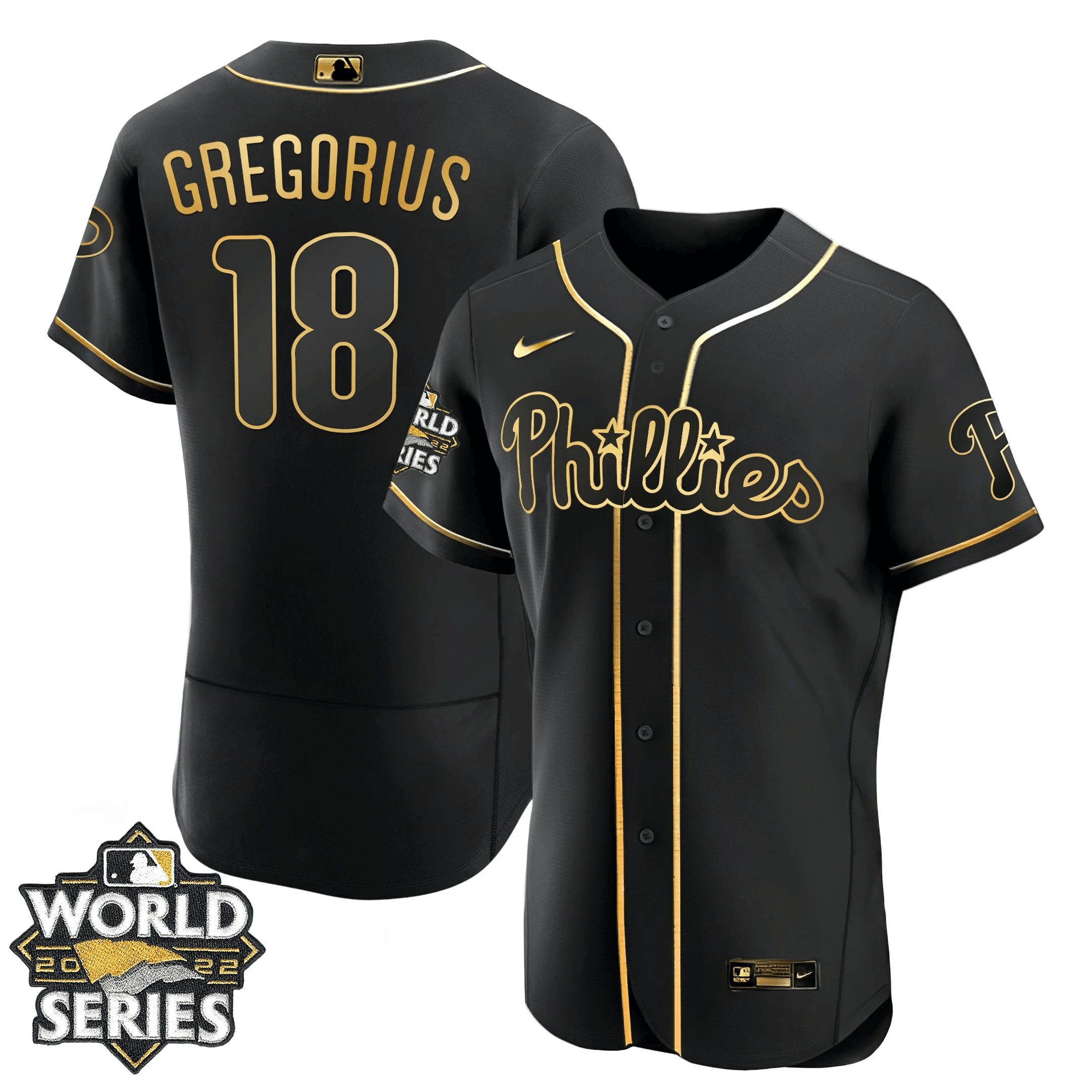 Didi Gregorius Youth's Philadelphia Phillies Gold 2022 World Series Flex Black Jersey - All Stitched