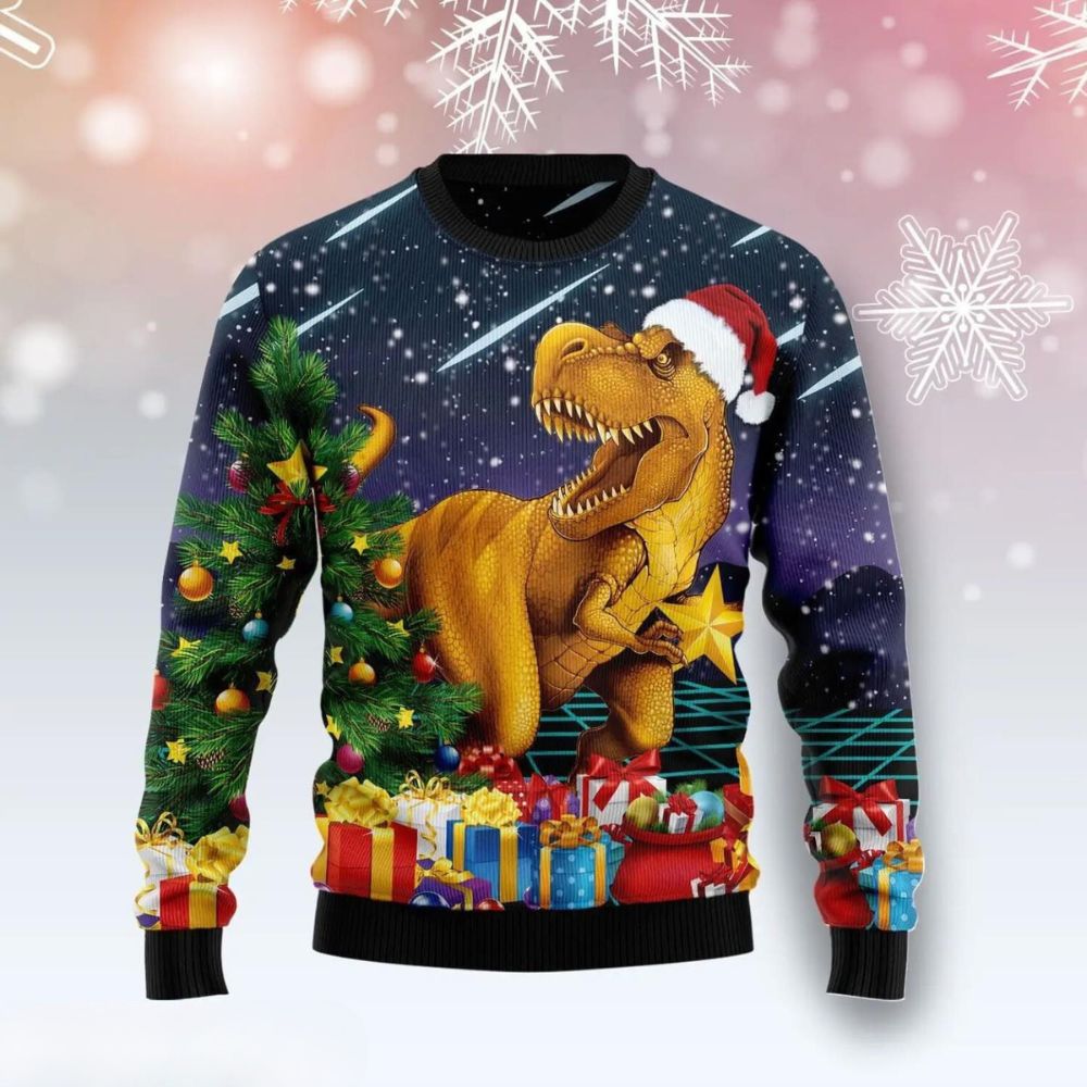 Dinosaur Christmas Sweater With Gift Boxes Full Print