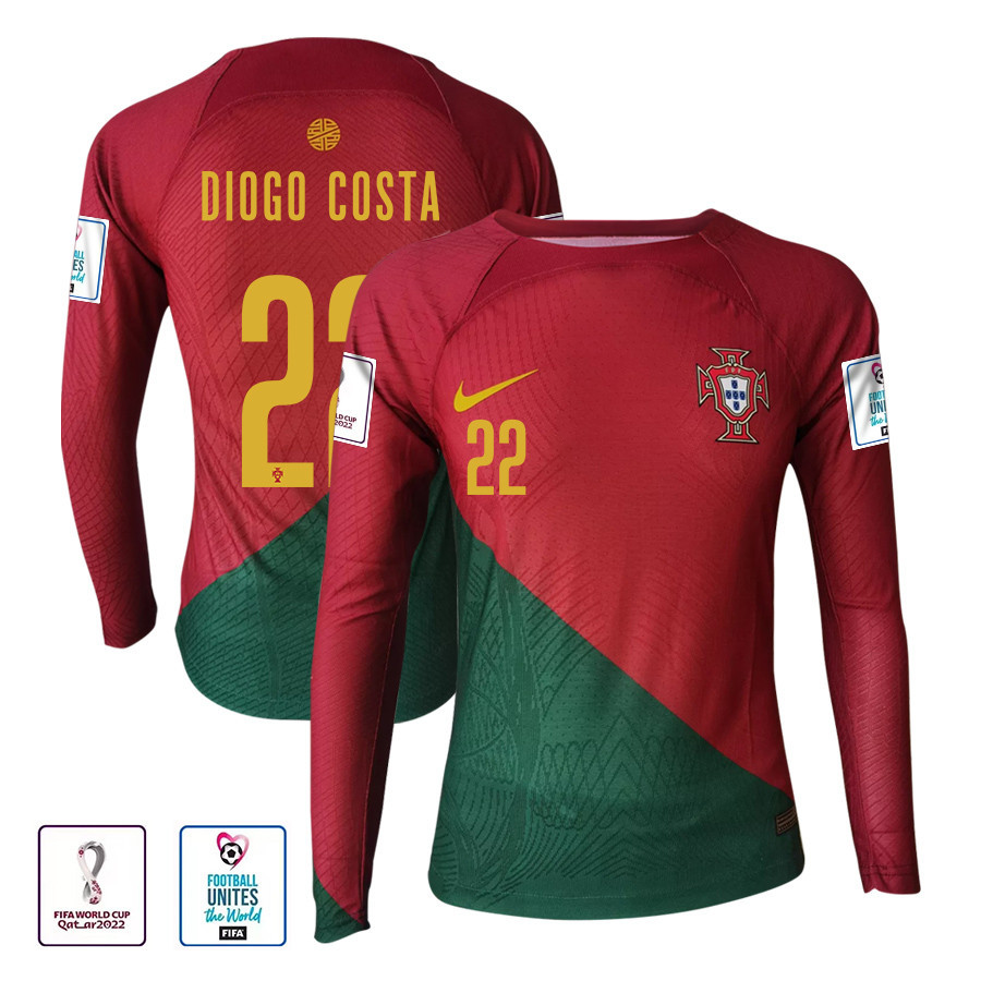 Diogo Costa 22 Portugal 2022-23 Home Men Long Sleeve Soccer Jersey National Team World Cup Qatar Patch