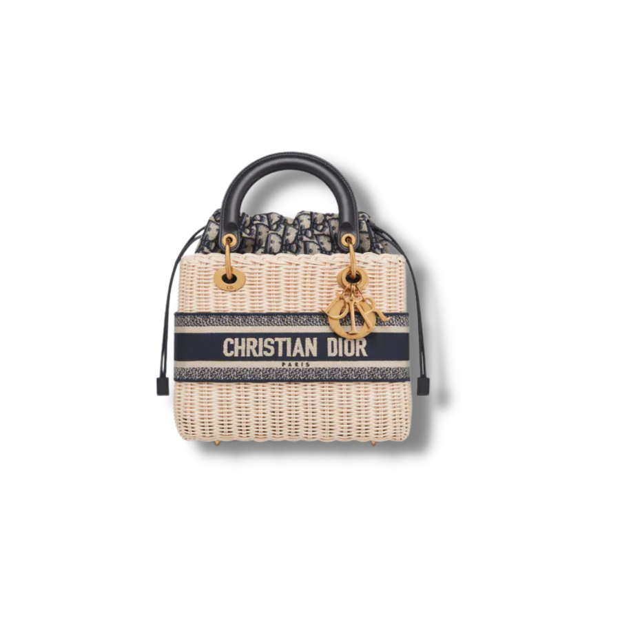 Dior Christian Dior Lady Dior Bag Natural Wicker and Blue Dior Oblique Jacquard For Women 24cm/9.5 in-CMVO_