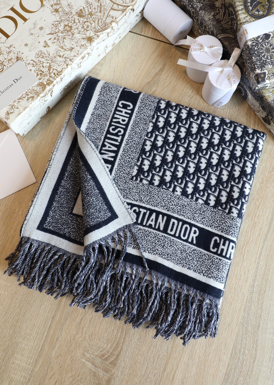 Dior Oblique Diortwin Square Dark Blue Silk Twill Scarf 150cm/71in