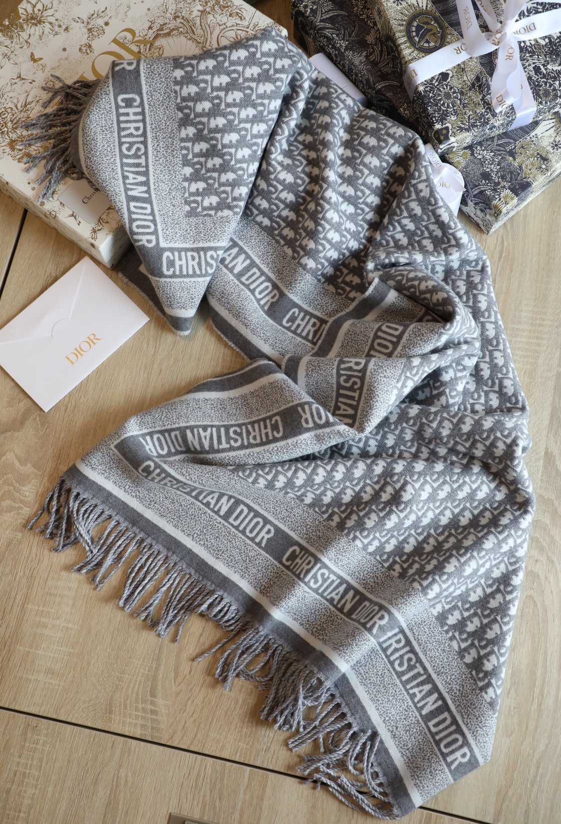 Dior Oblique Diortwin Square Gray and Navy Blue Silk Twill Scarf 150cm/71in