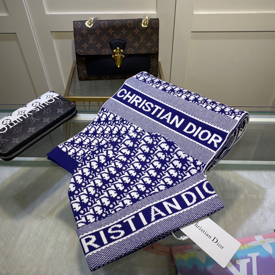 Dior Pompom Beanie & Scarf Set In Blue
