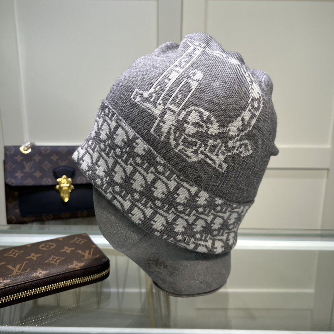 Dior Pompom Beanie In Grey