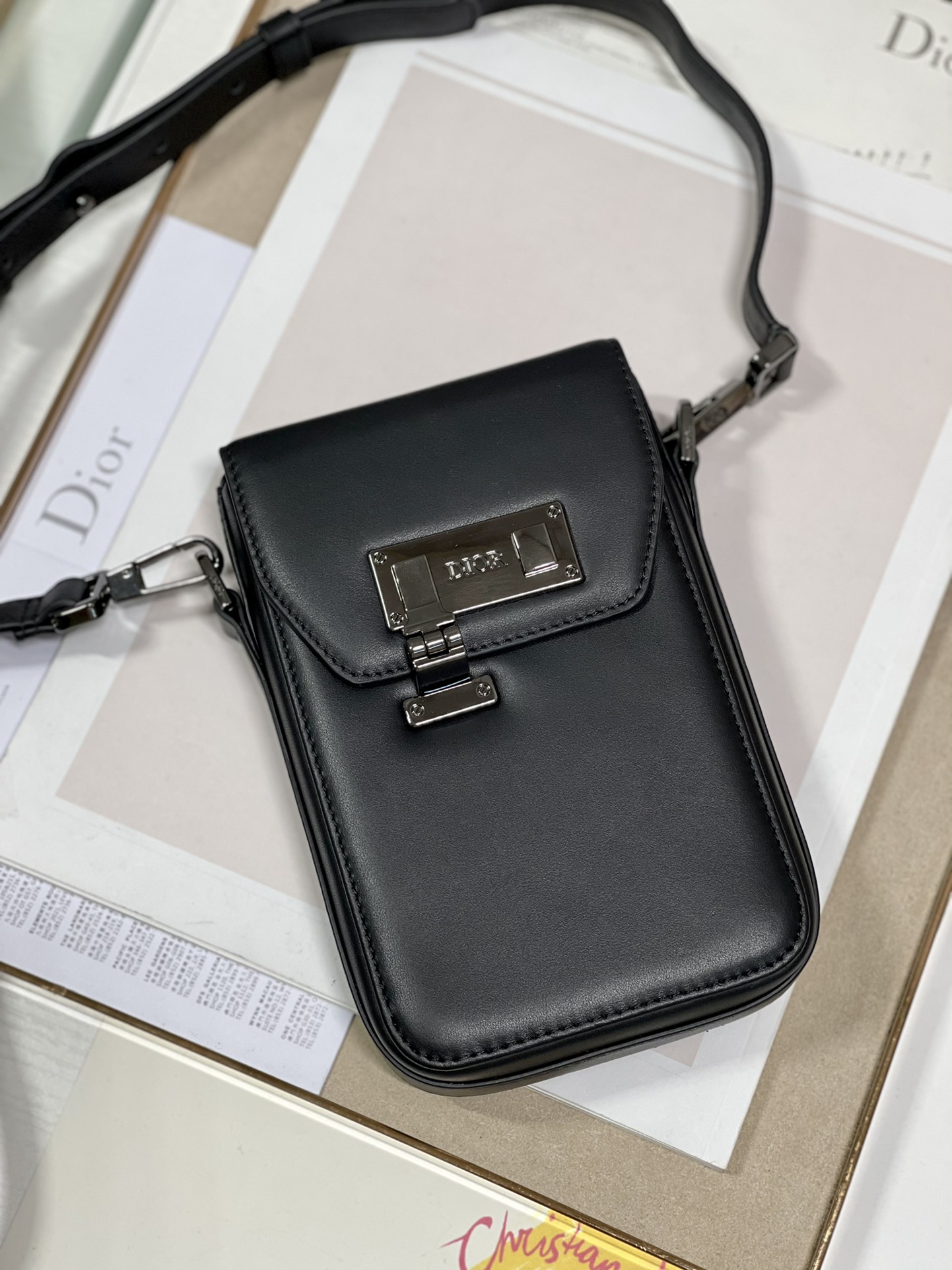 Dior Saddle Vertical Pouch With Strap Beige/Black For Women 8.5in/22cm 2ADCA446YKS_H27E