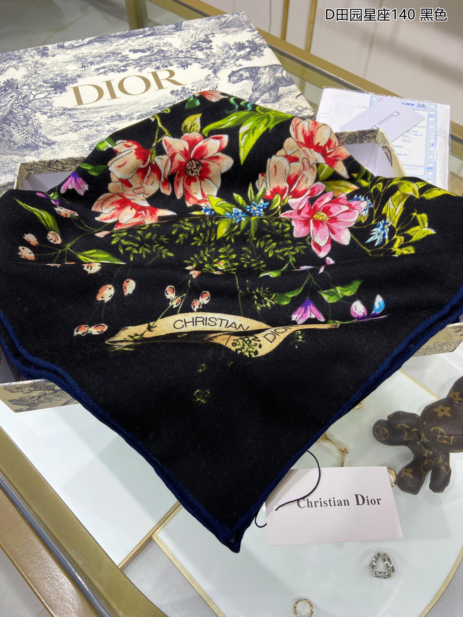 Dior Silk Cashmere Square Multicolor Flower in Black Scarf 140cm/55in