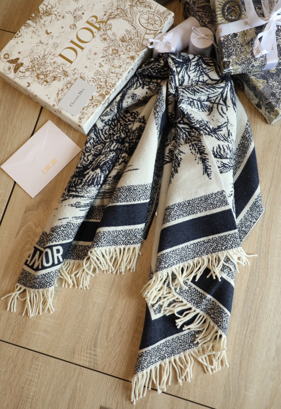 Dior Silk Square Ivory and Navy Blue Scarf 150cm/71in
