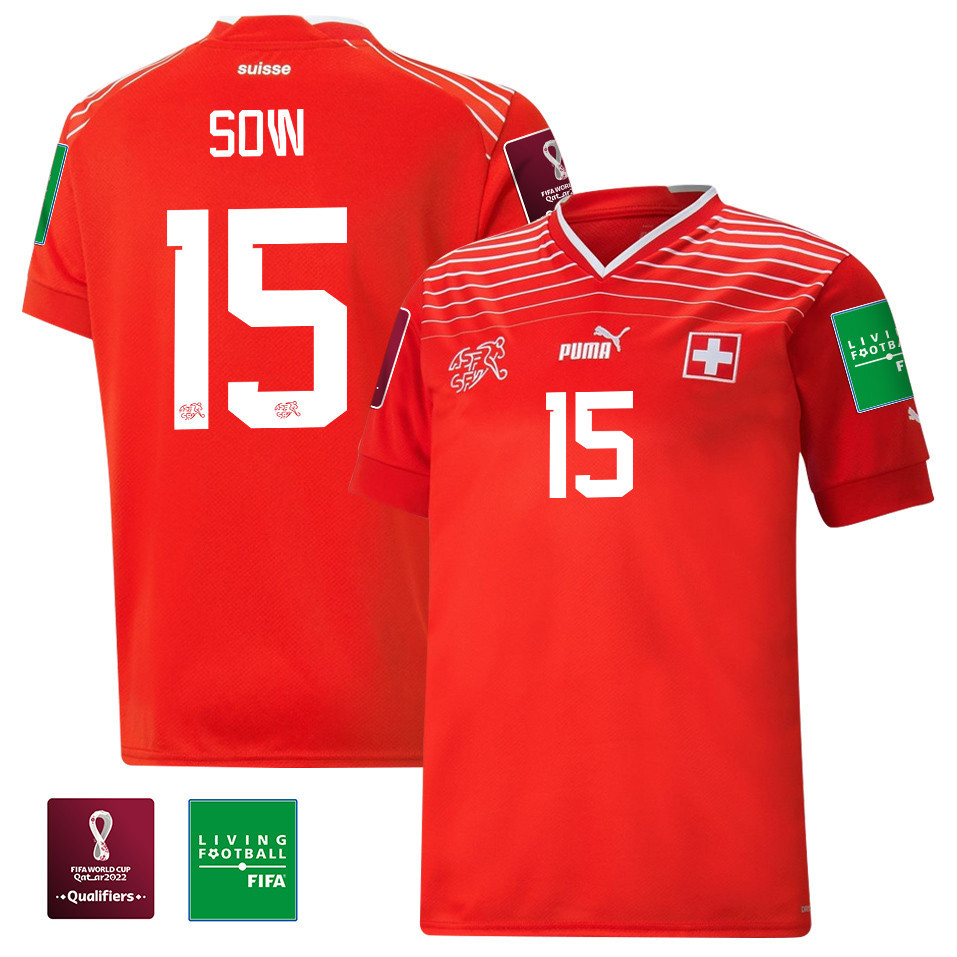 Djibril Sow 15 Switzerland National Team FIFA World Cup Qatar 2022 Patch – Home Men Soccer Jersey