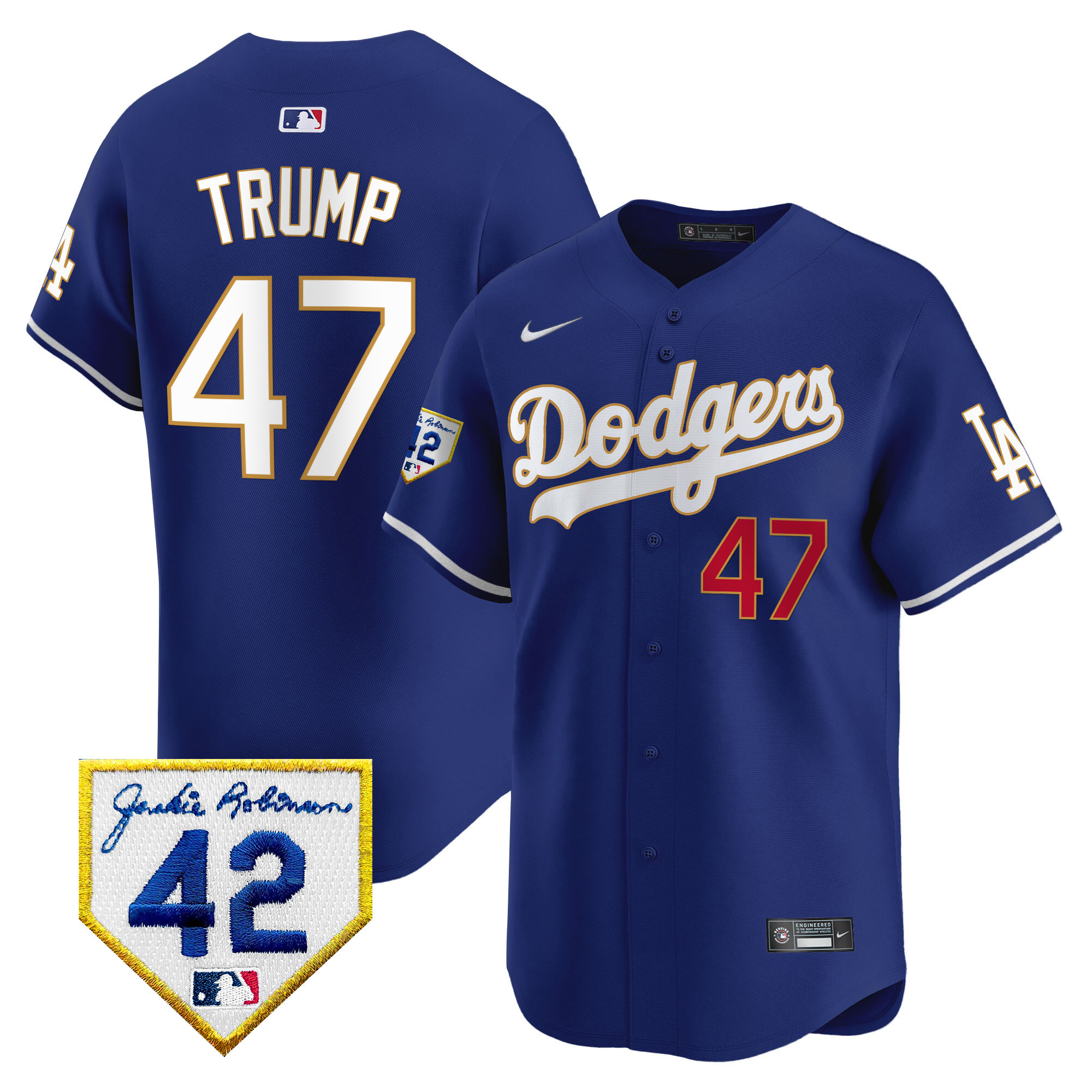 Donald Trump Men's Los Angeles Dodgers 2024 Jackie Robinson Patch Vapor Premier Limited Royal Jersey - All Stitched