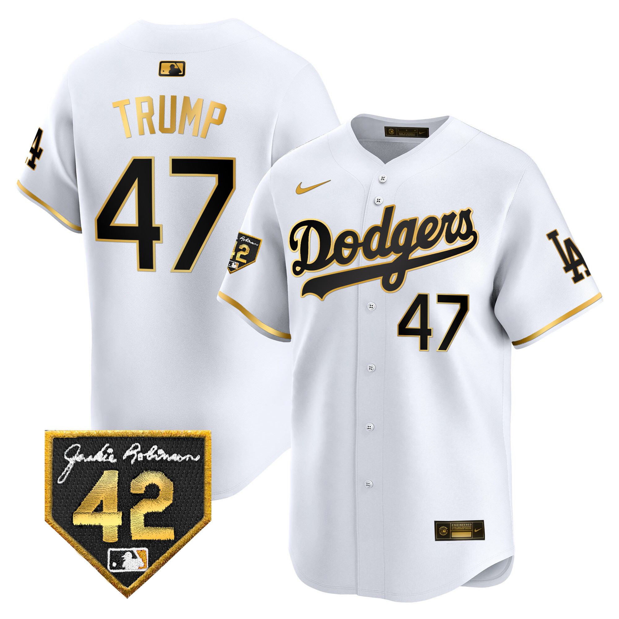 Donald Trump Men's Los Angeles Dodgers 2024 Jackie Robinson Patch Vapor Premier Limited White Gold Jersey - All Stitched