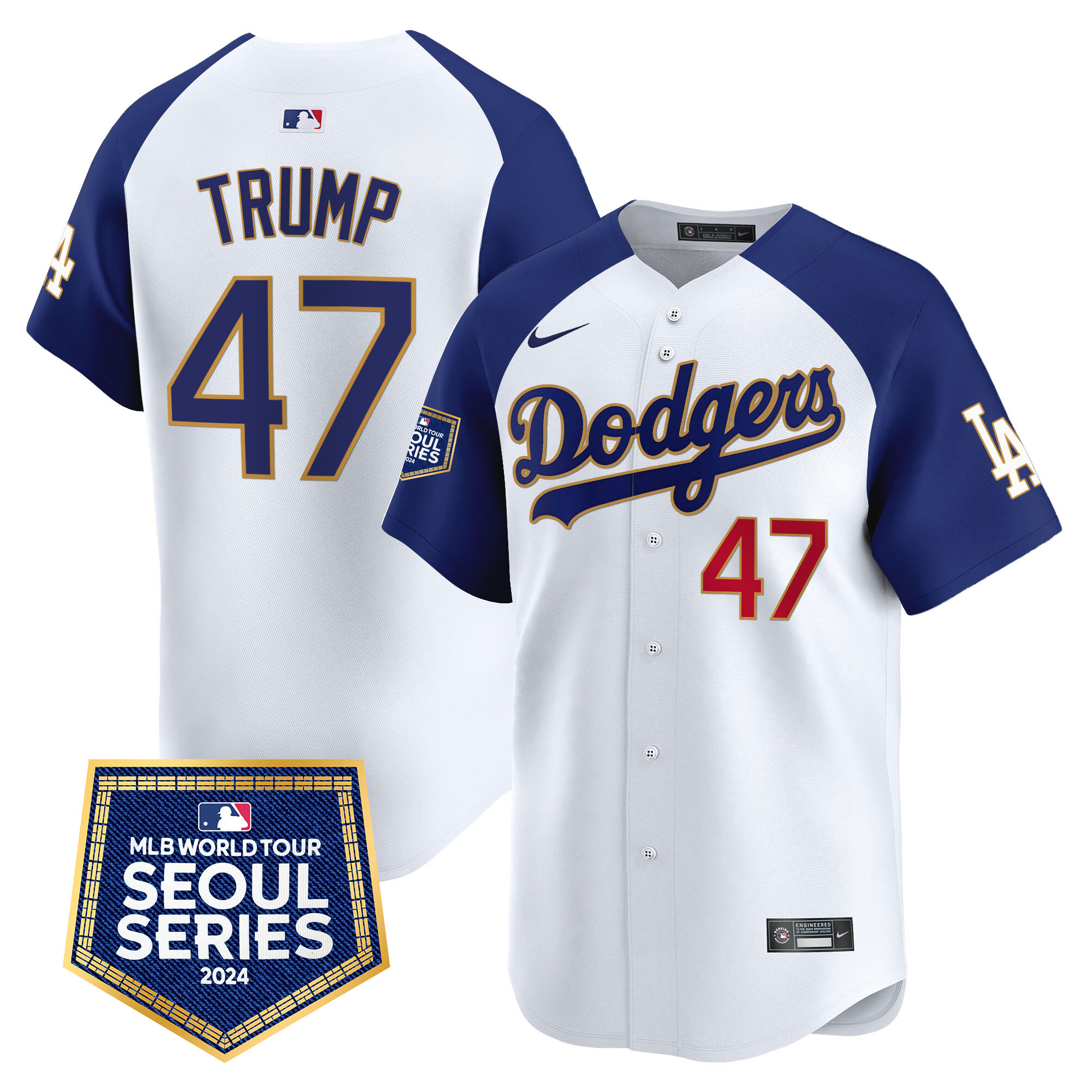 Donald Trump Men's Los Angeles Dodgers 2024 World Tour Seoul Series Patch Vapor Premier Limited White Alternate Jersey - All Stitched
