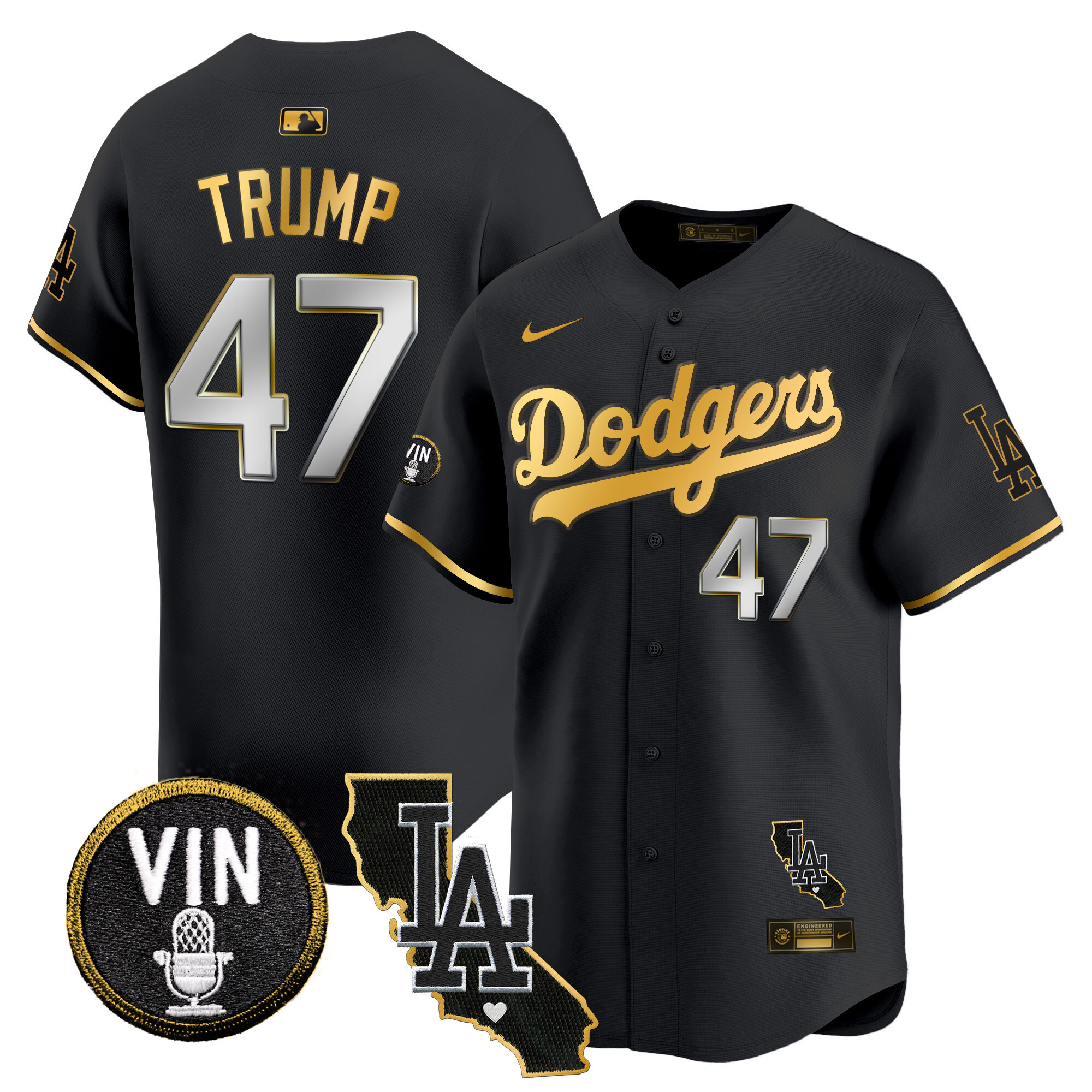 Donald Trump Men's Los Angeles Dodgers Vin & California Patch Gold Trim Vapor Premier Limited Black Gold Jersey - All Stitched