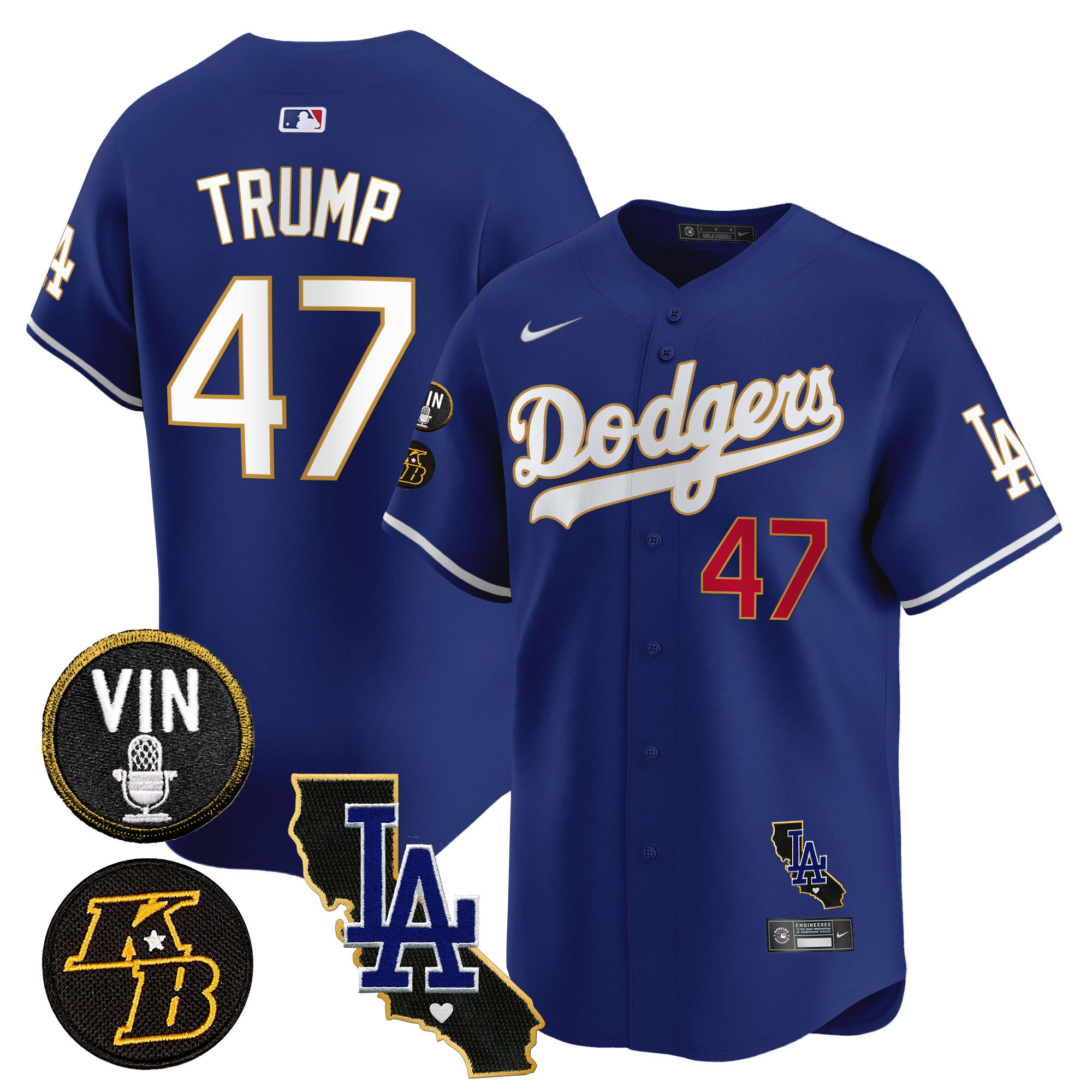 Donald Trump Men's Los Angeles Dodgers Vin & Kobe Patch Gold Trim Vapor Premier Limited V2 Royal Jersey - All Stitched