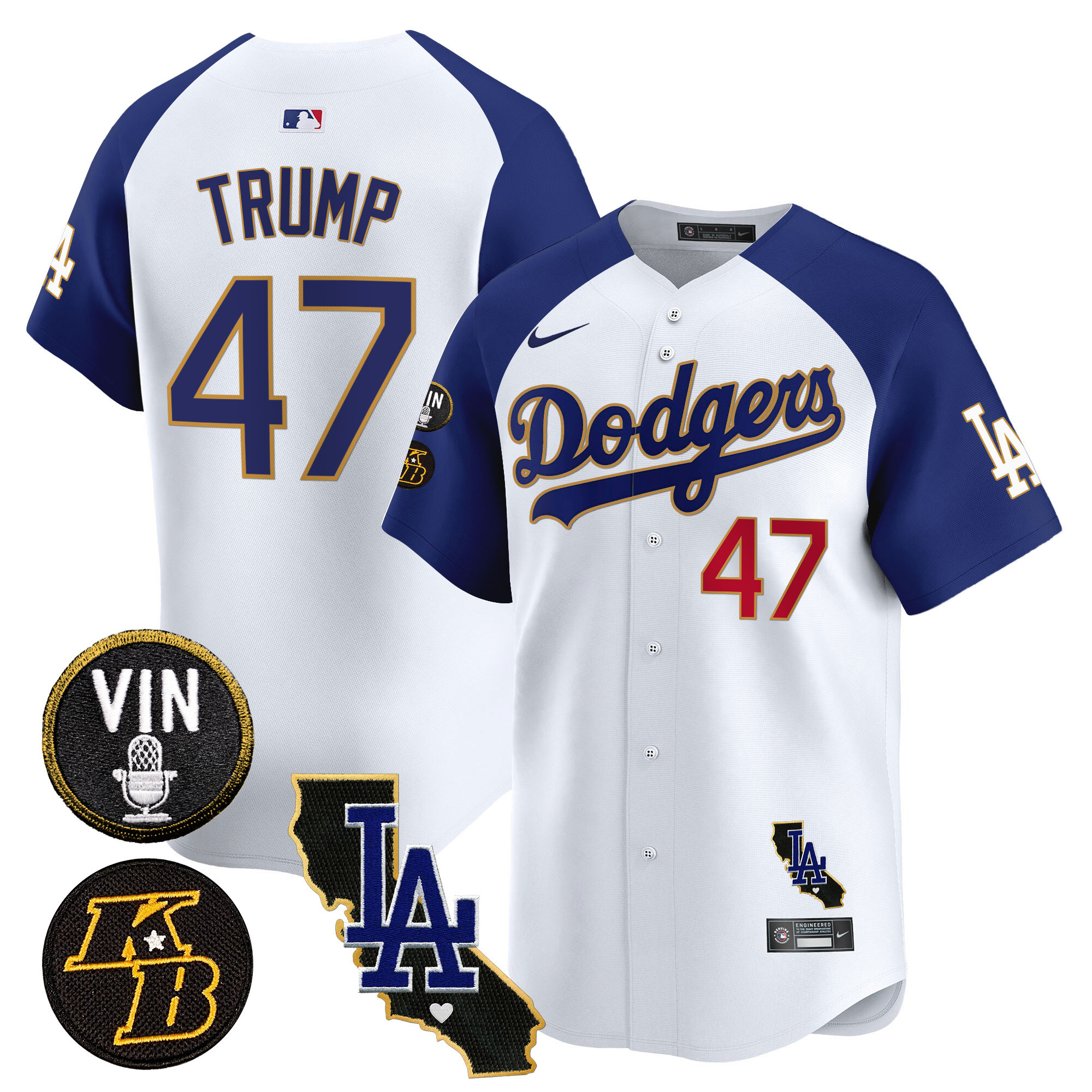 Donald Trump Men's Los Angeles Dodgers Vin & Kobe Patch Gold Trim Vapor Premier Limited V2 White Alternate Jersey - All Stitched