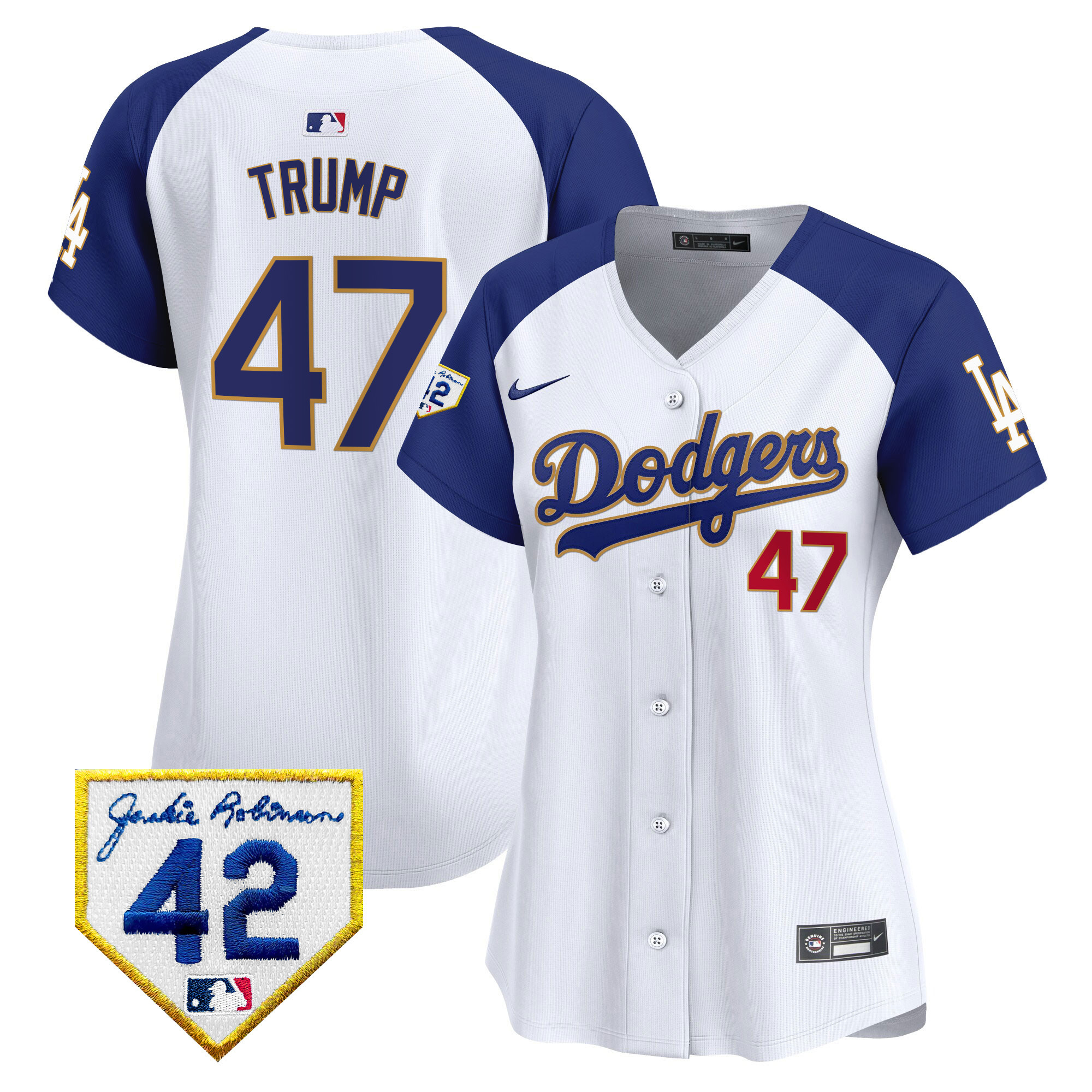 Donald Trump Women's Los Angeles Dodgers 2024 Jackie Robinson Patch Vapor Premier Limited White Alternate Jersey - All Stitched